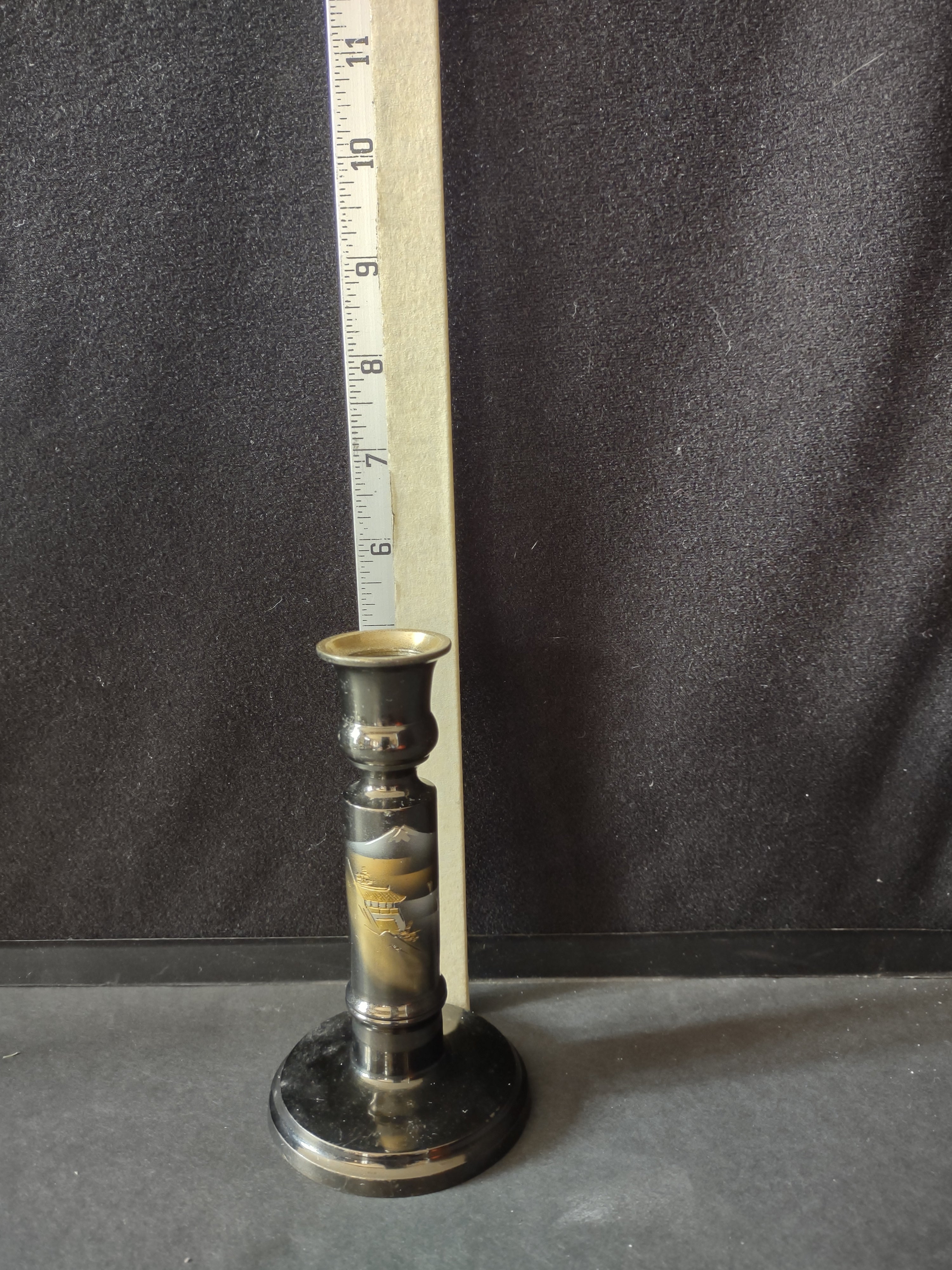 Vintage Japanese Etched Lacquered Metal Candlestick Gold Silver Pagoda (Lot 5317