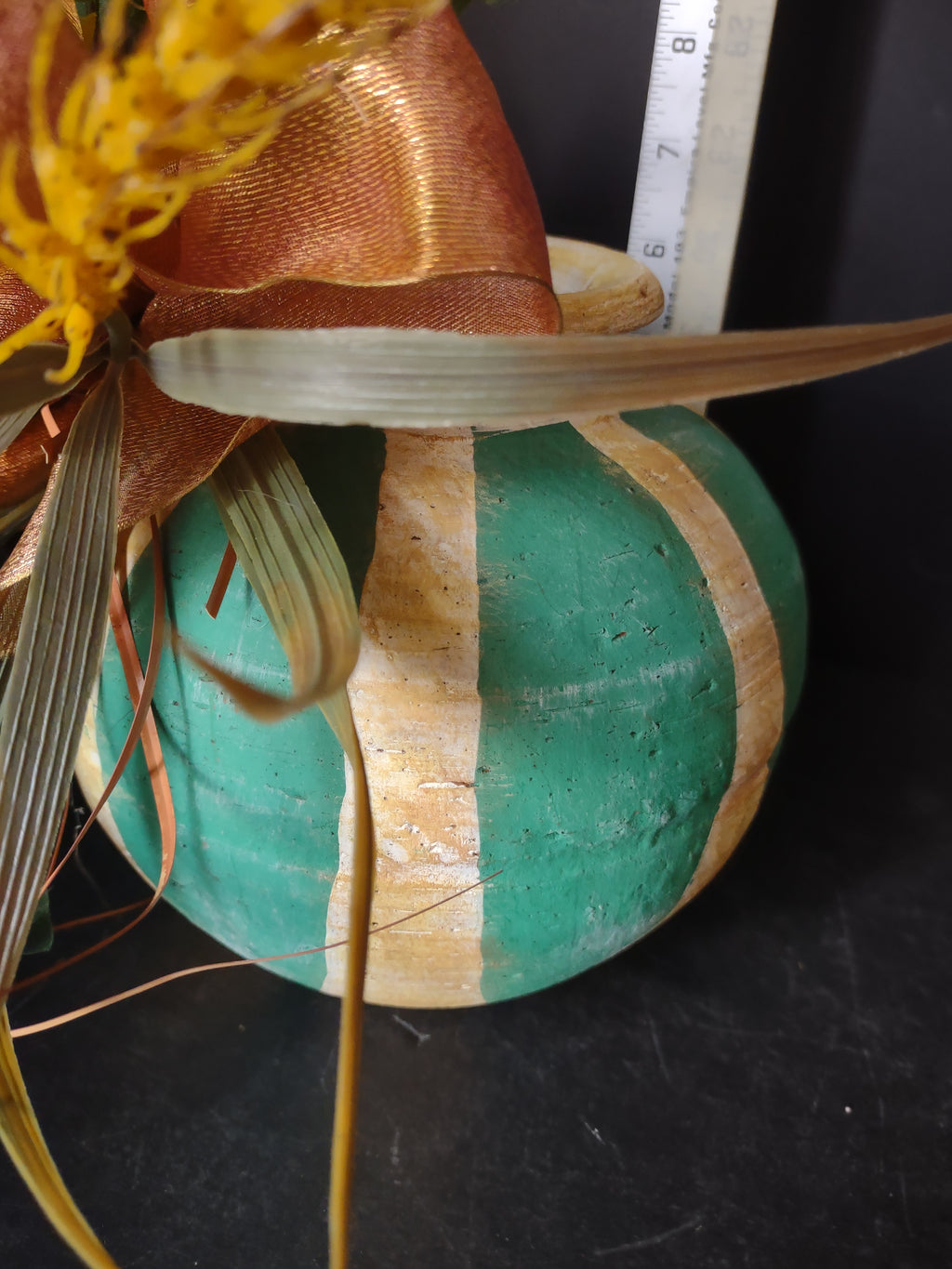 Vintage Primitive Cottage Turquoise Vase Pottery Fall Sunflower 6" (lot 3116)