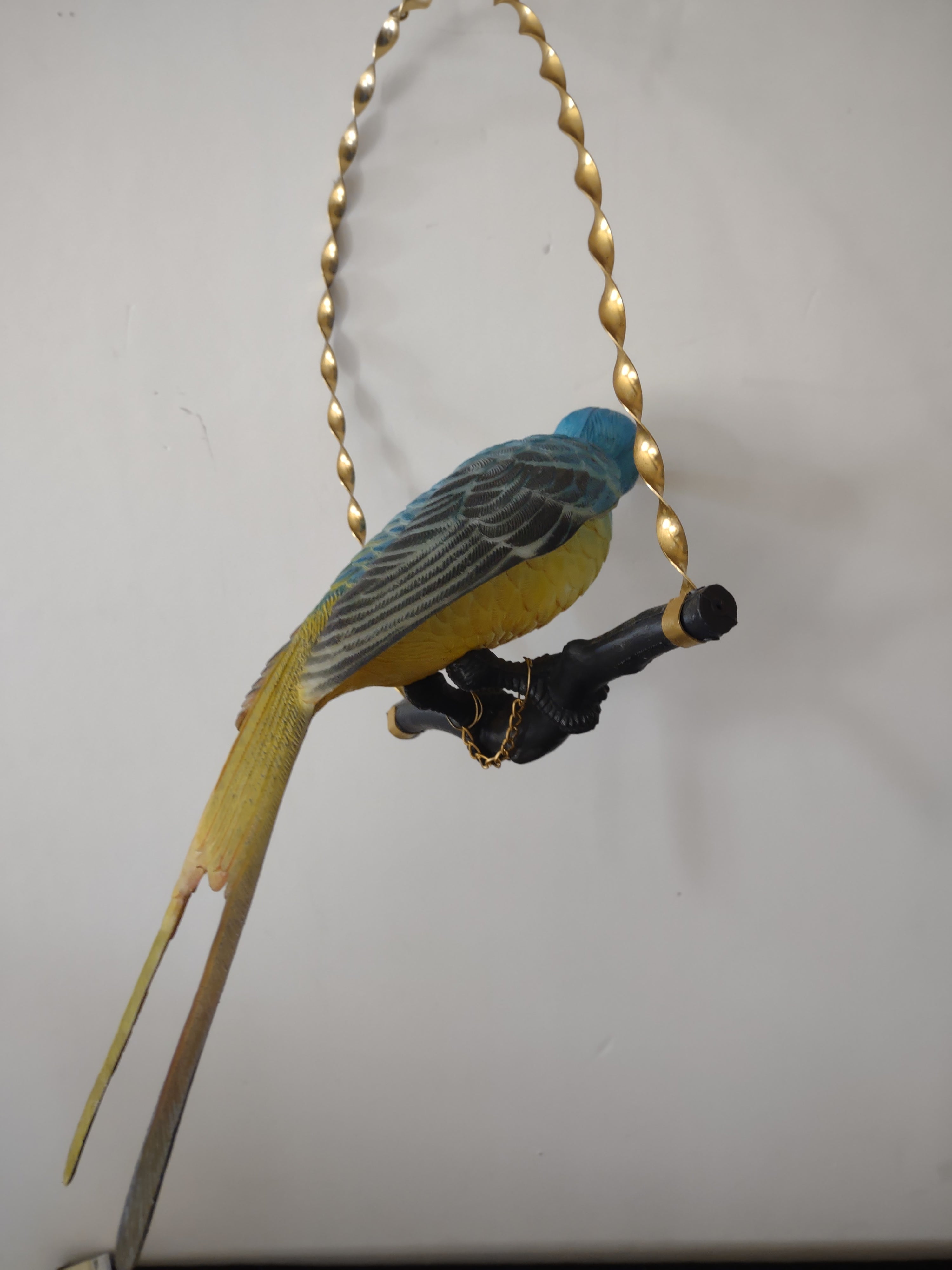 Vintage Plastic Blue Yellow Bird On A Perch Gold Hanger (Lot 3711)