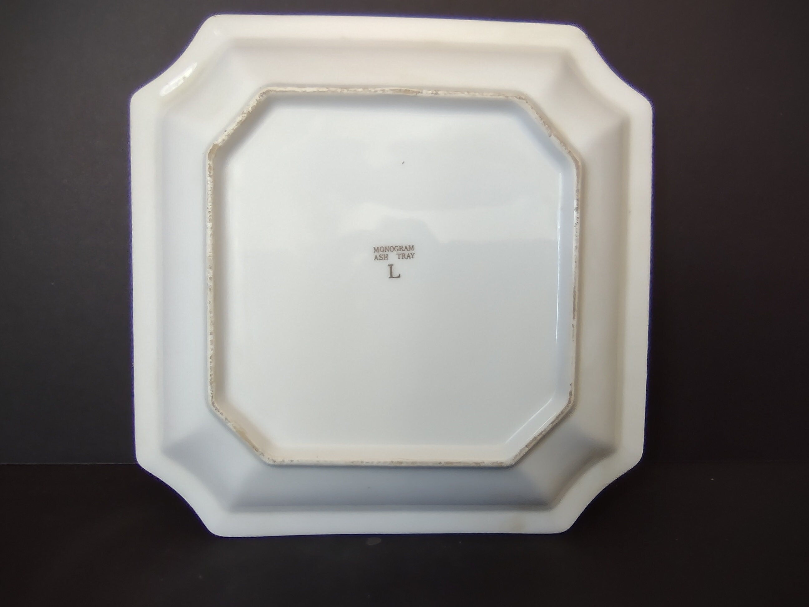 White Gold Trim Vintage Ashtray 8-1/4" x 8-1/4" Monogrammed L (lot 330)