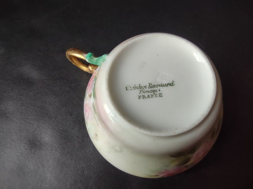 Haviland Limoges Gold Trim Pink Roses Teacup and Saucer IMPERFECT (lot 703)