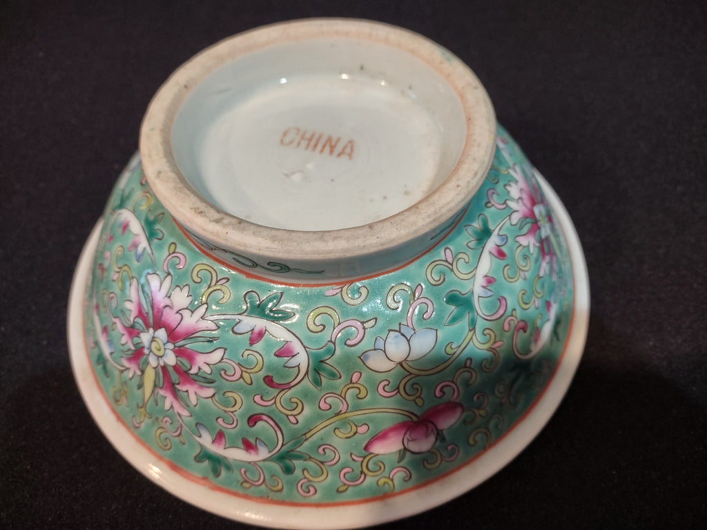 Vintage Ceramic Enameled Footed Bowl China Turquoise IMPERFECT (lot 5393)