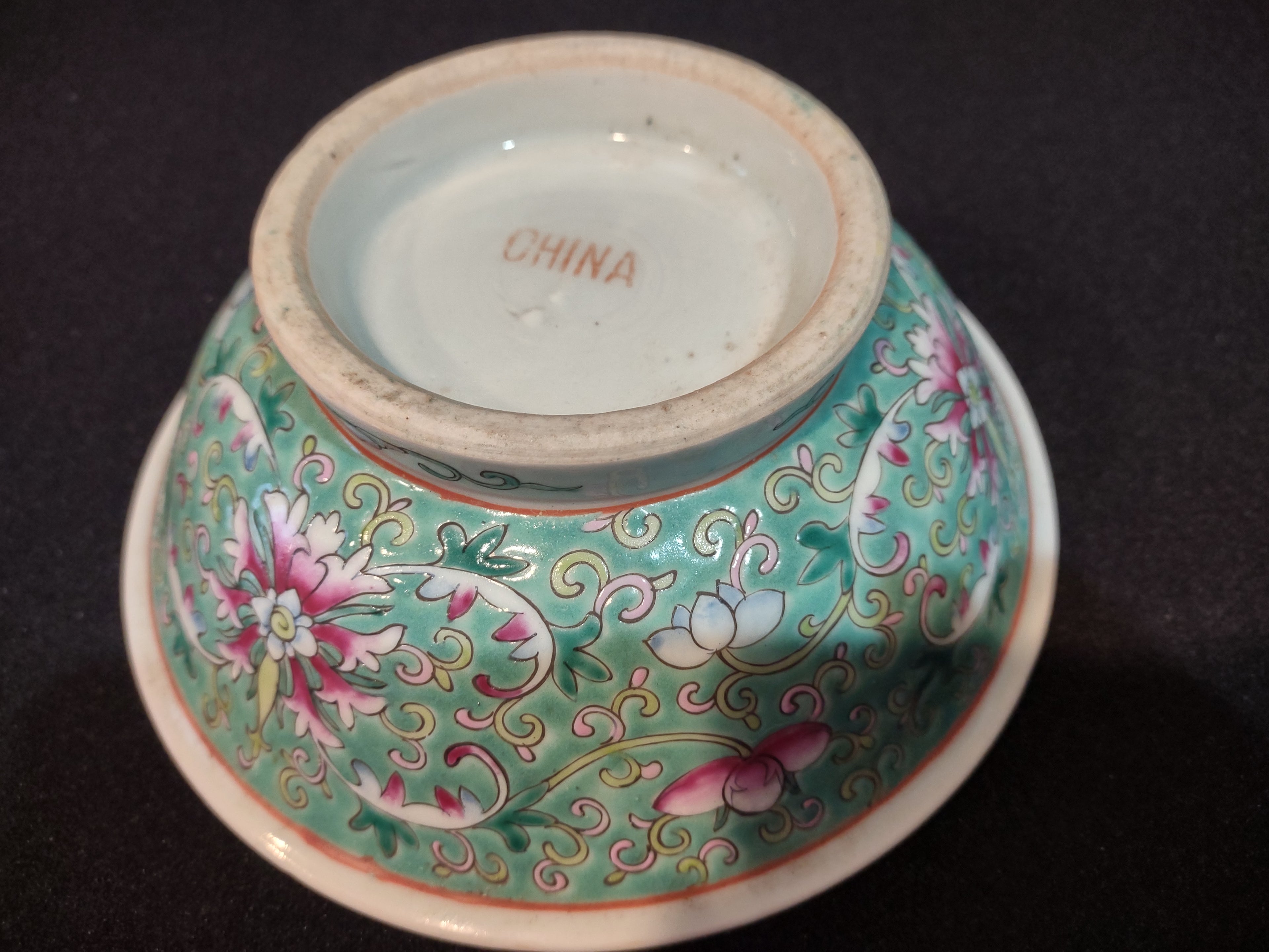 Vintage Ceramic Enameled Footed Bowl China Turquoise IMPERFECT (lot 5393)