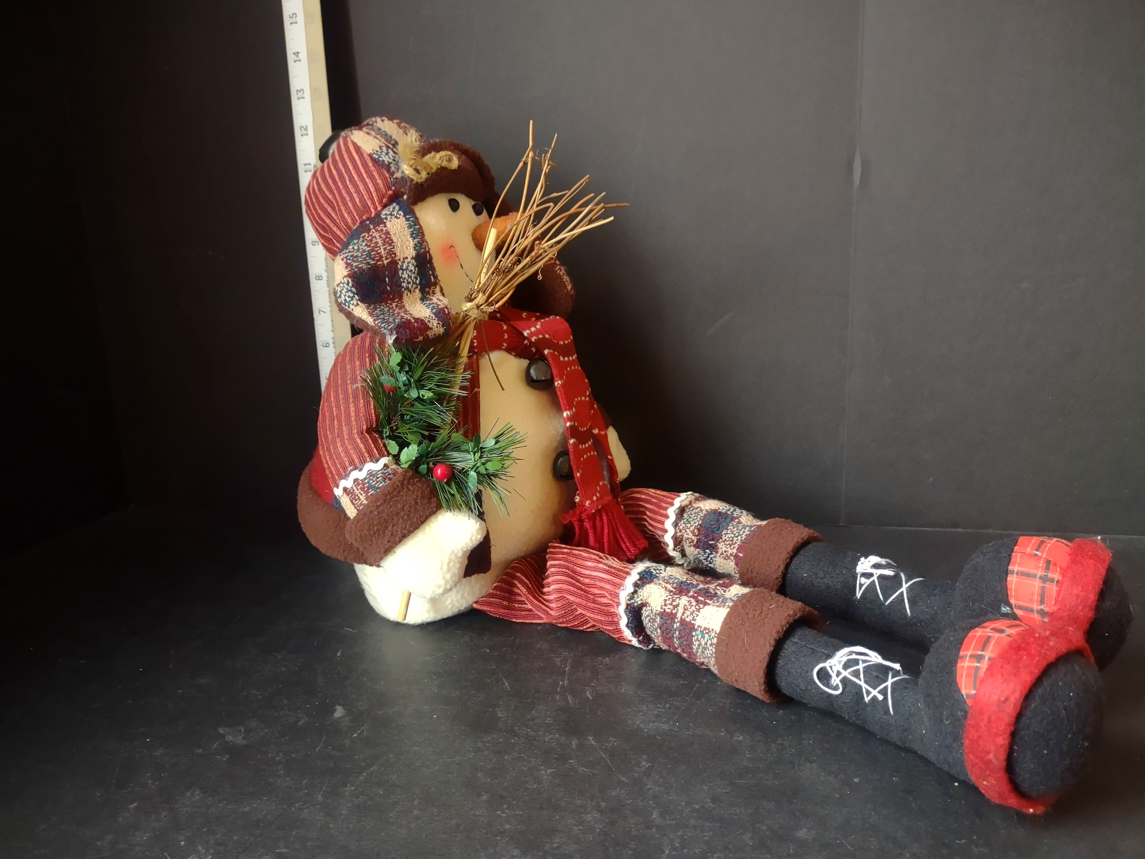 Christmas Primitive Shelf Sitting Snowman with Bells 12" Tall Sitting (lot 3362)