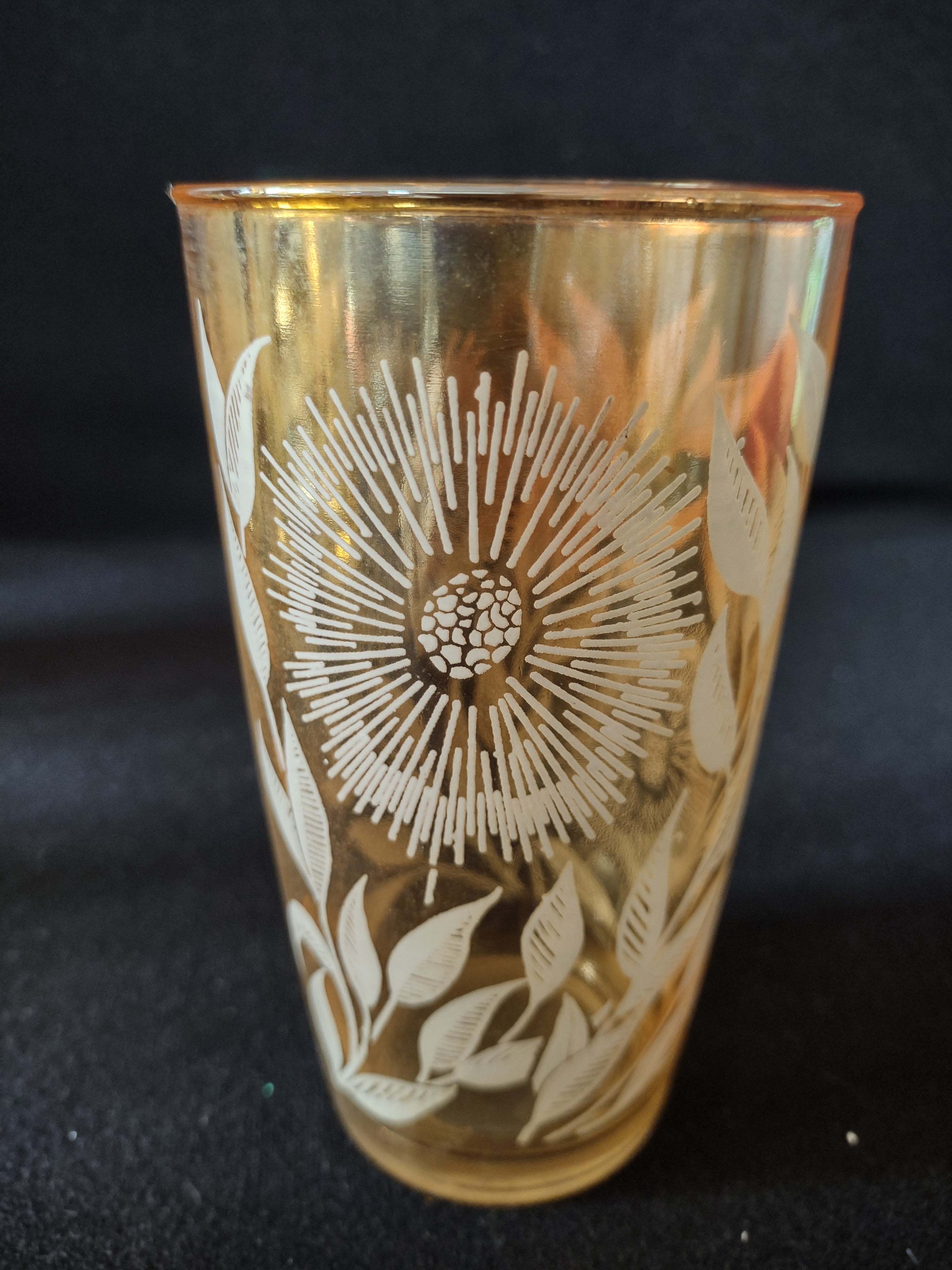 Vintage Jeannette Marigold Carnival Glass Tumblers White Floral x 4 (Lot 5125)