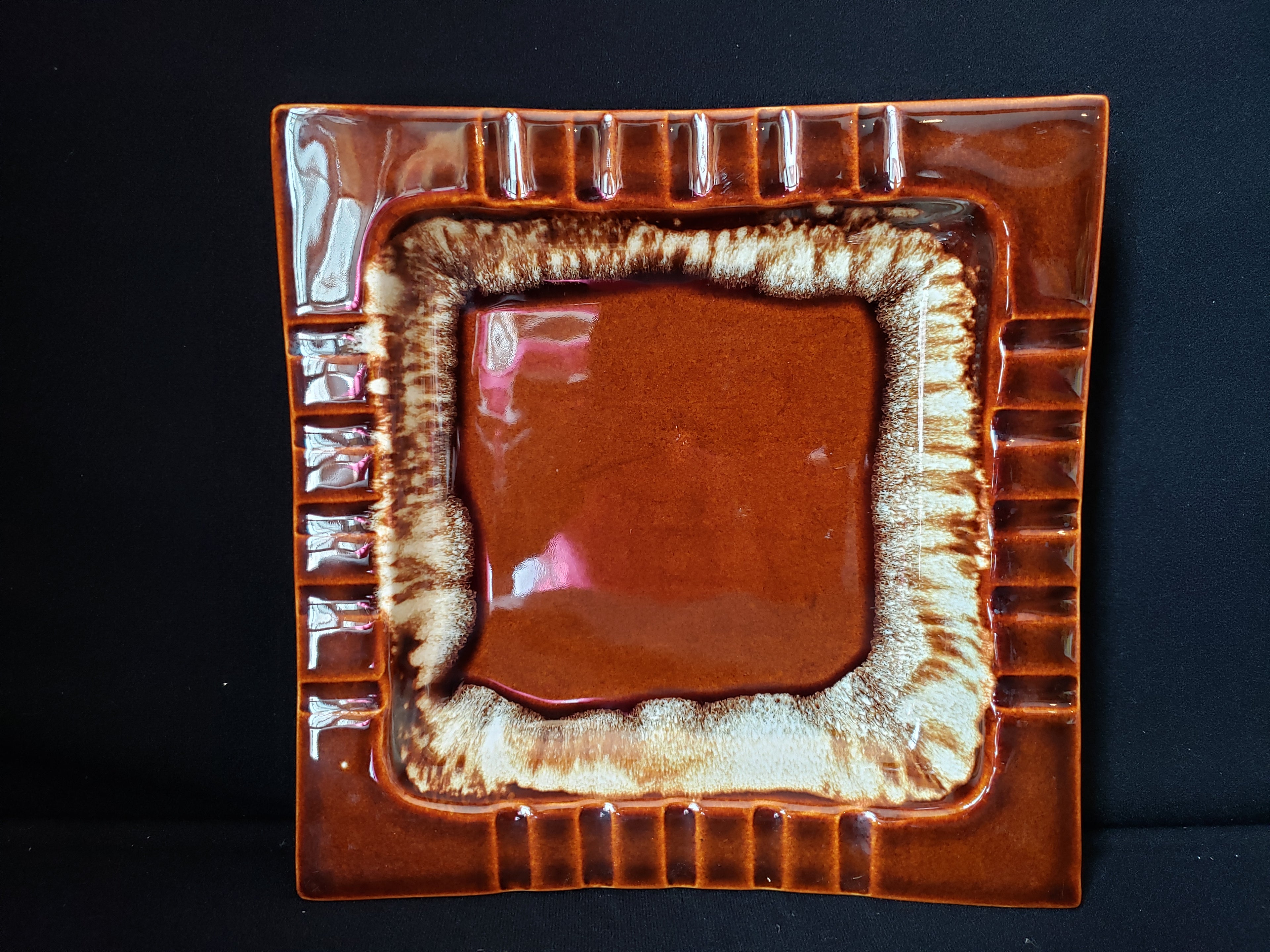 Pfaltzgraff USA Brown Drip Glaze Vintage Cigar Ashtray 8" Square (lot 2147d)