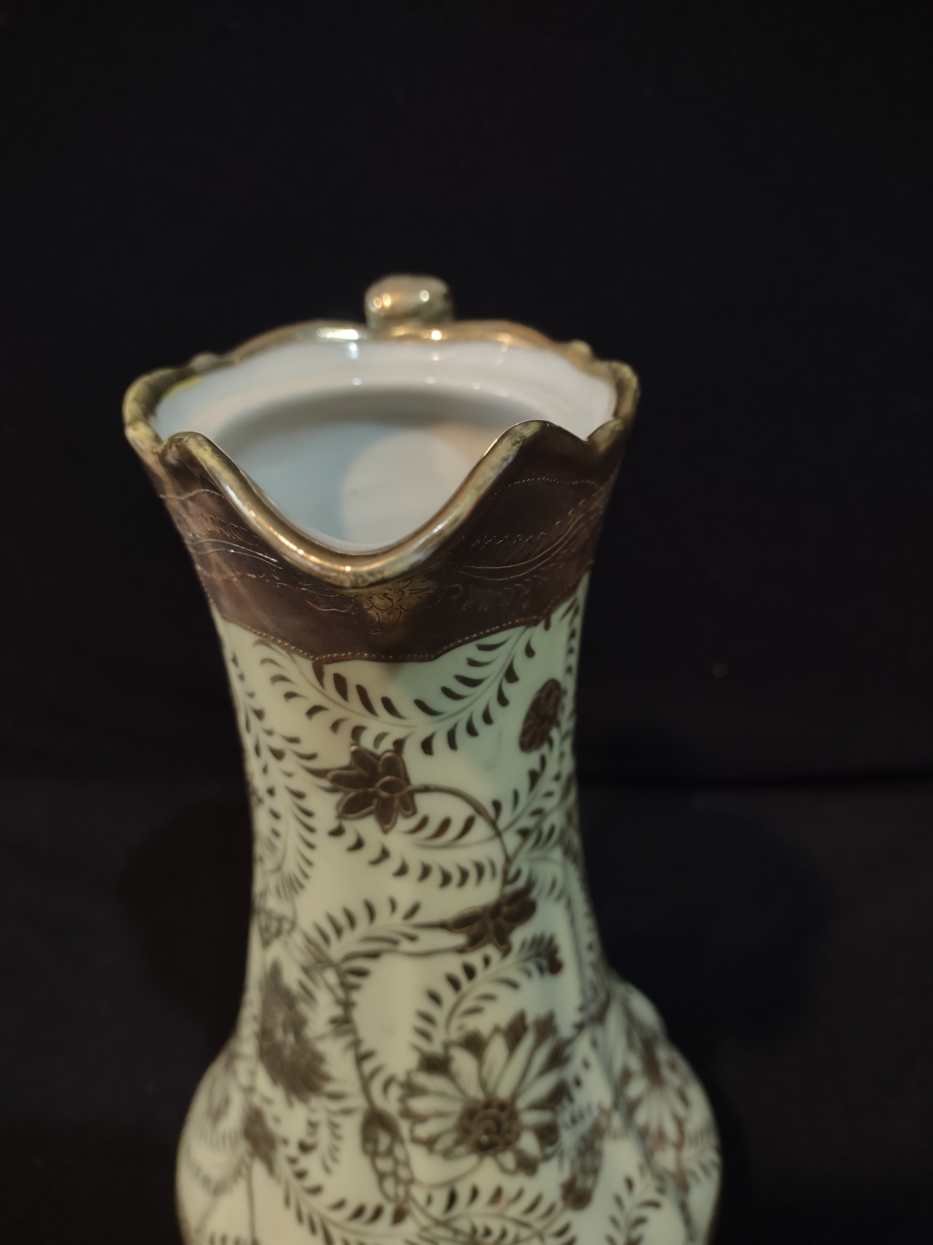 Vintage Ewer Pitcher Lime Golden Trim Floral Design Ornate Handle (Lot 5229)