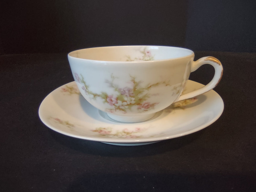 Haviland Limoges Tea Cup & Saucer Rose White Purple Flower Moss (lot 901)