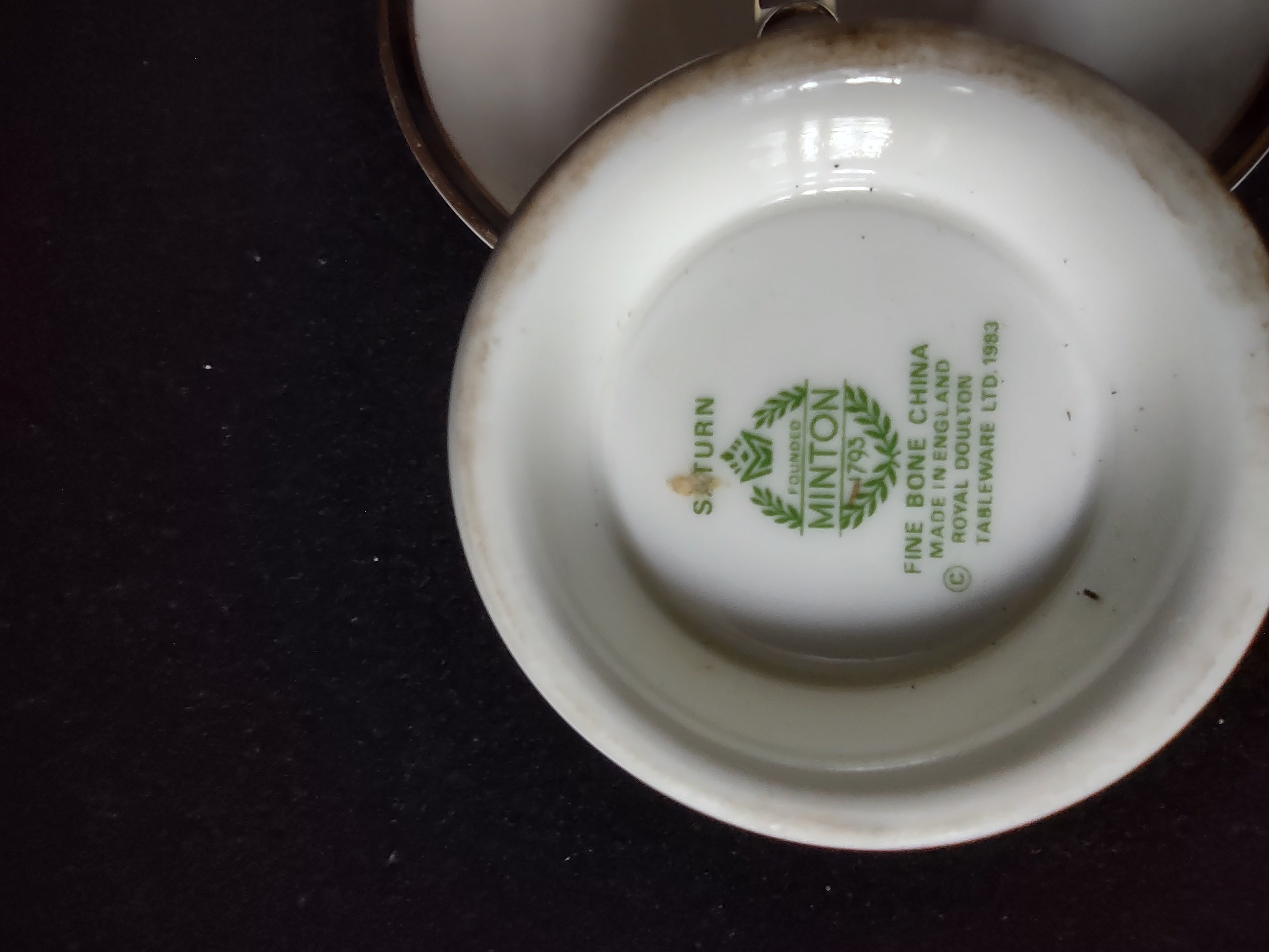 Vintage Minton Saturn Black Tea Cup Saucer Bone China Black Gold (Lot 5492)
