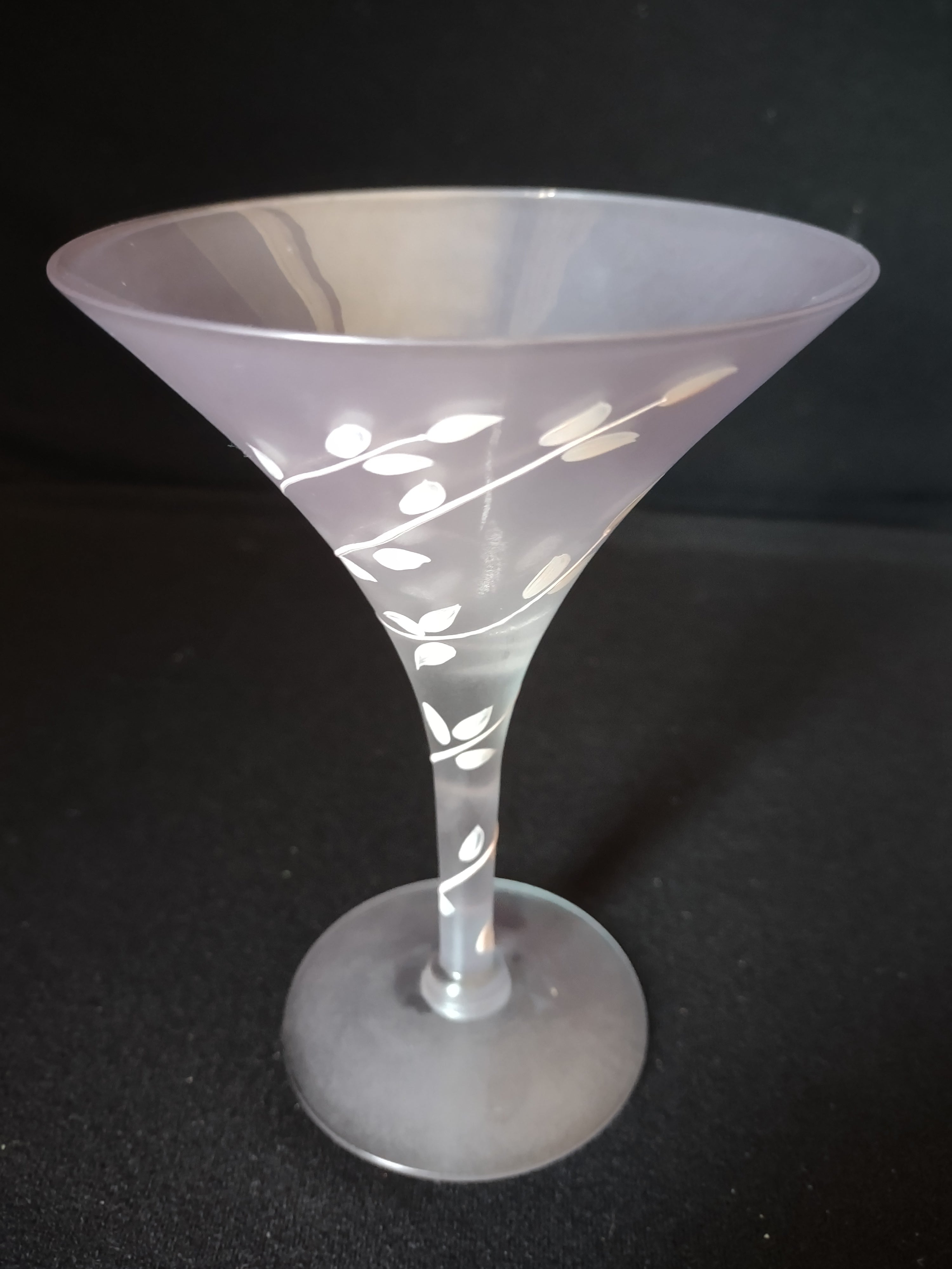 Vintage MCM Frosted Martini Glass Pink Leaves Handpainted (lot 2739)
