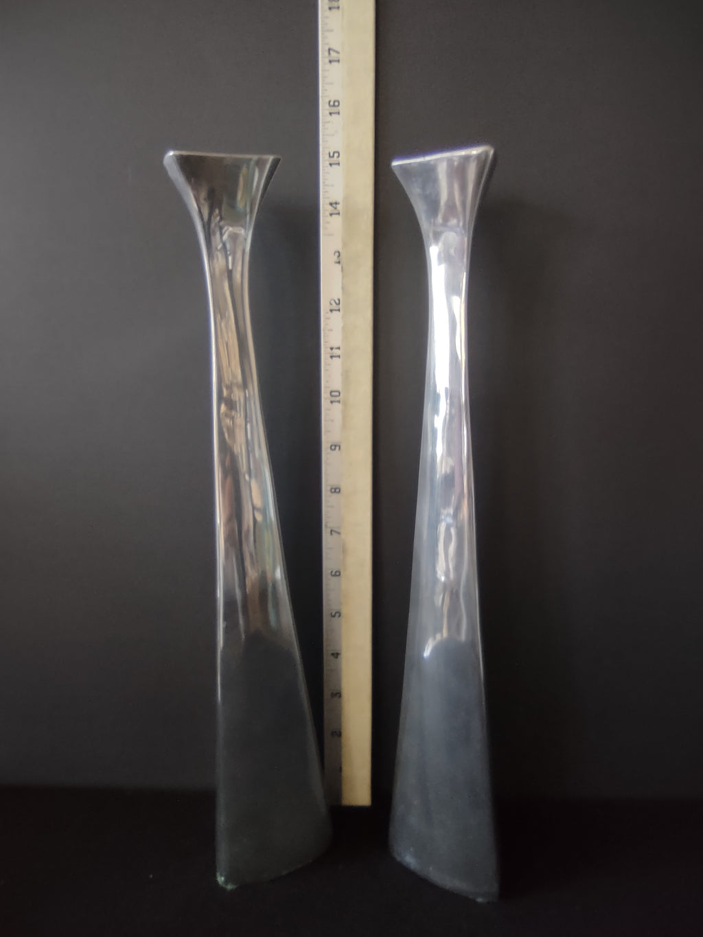 Vintage Mann Pewtertone 14.5" Candle Stick Set Of 2 MCM (Lot 5729)