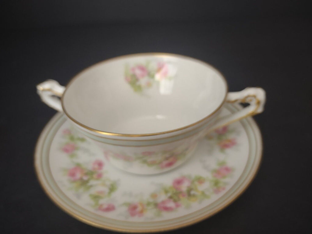 Old Abbey Limoges France 2 x Bouillion Cup Mint band Gold Trim Rose (lot 547)