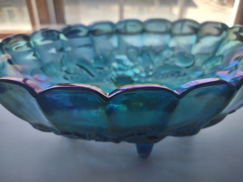 Vintage Indiana Glass Purple Iridescent Grape Design Large Footed Bowl lot 2691c