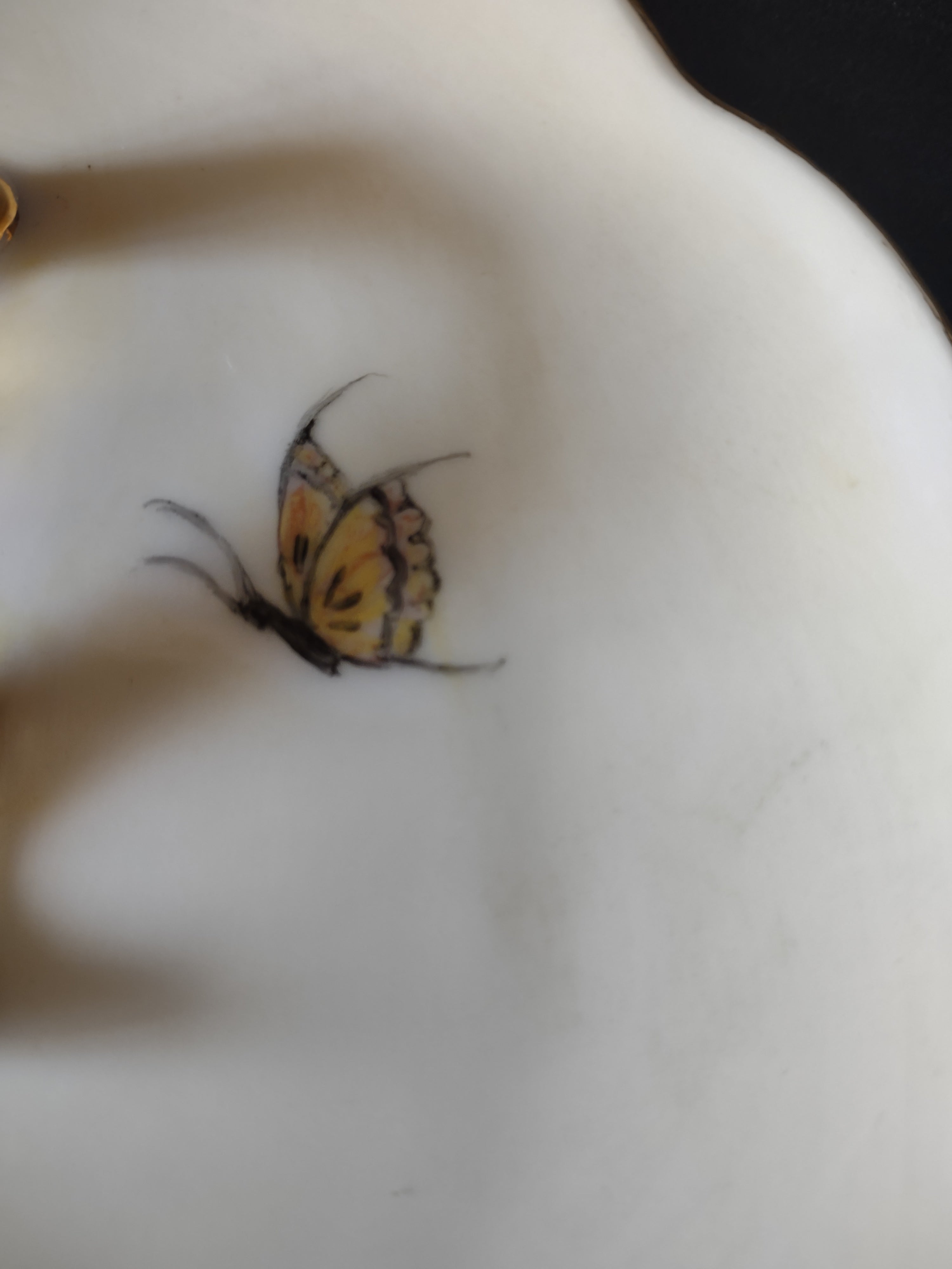 Vintage Lemon Server Gold Handle Flowers Butterfly Hand Painted Sudie (Lot 5093)