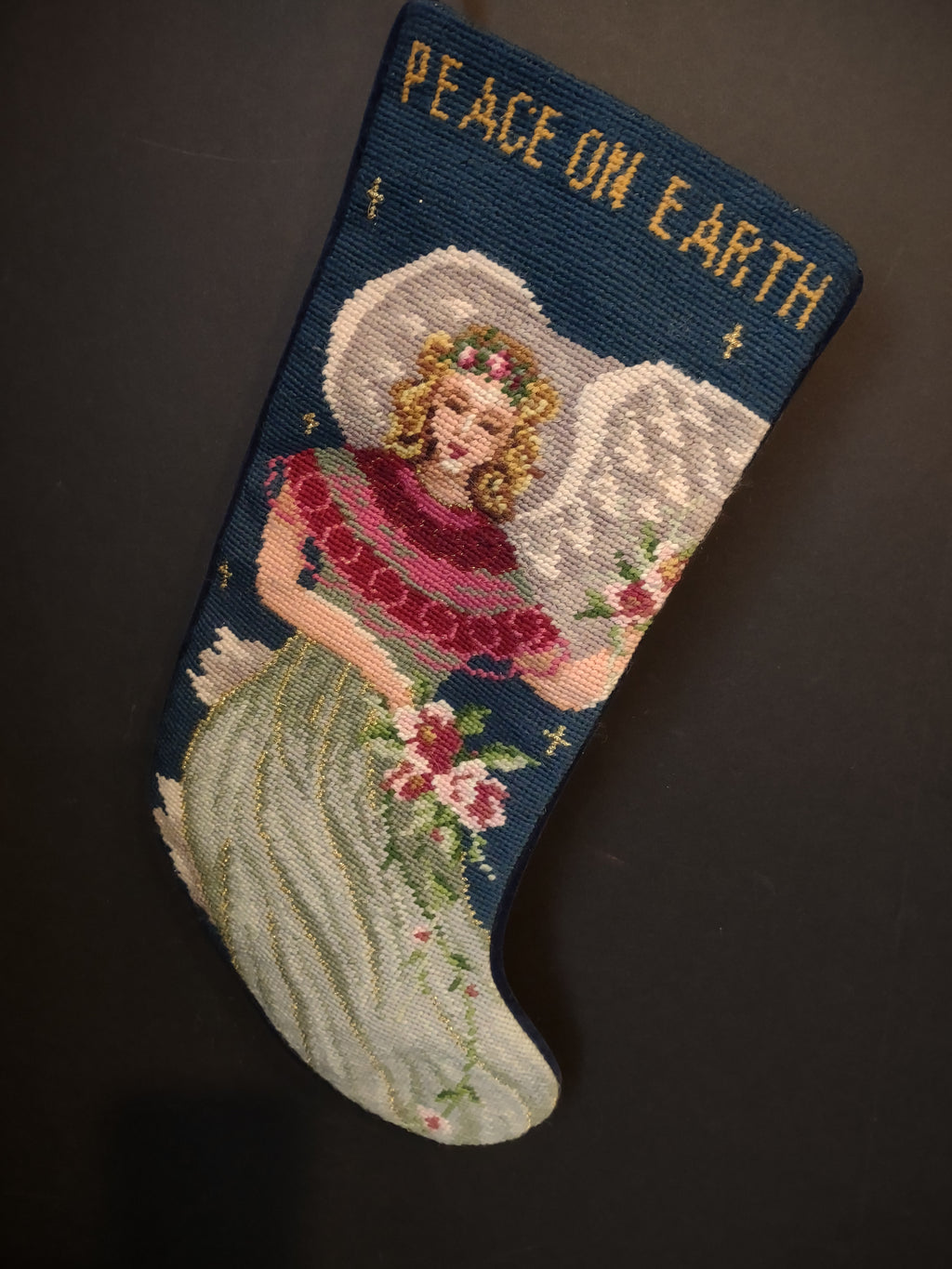 Vintage Wool Needlepoint Peace on Earth Angel Christmas Stocking 16" (lot 3372)