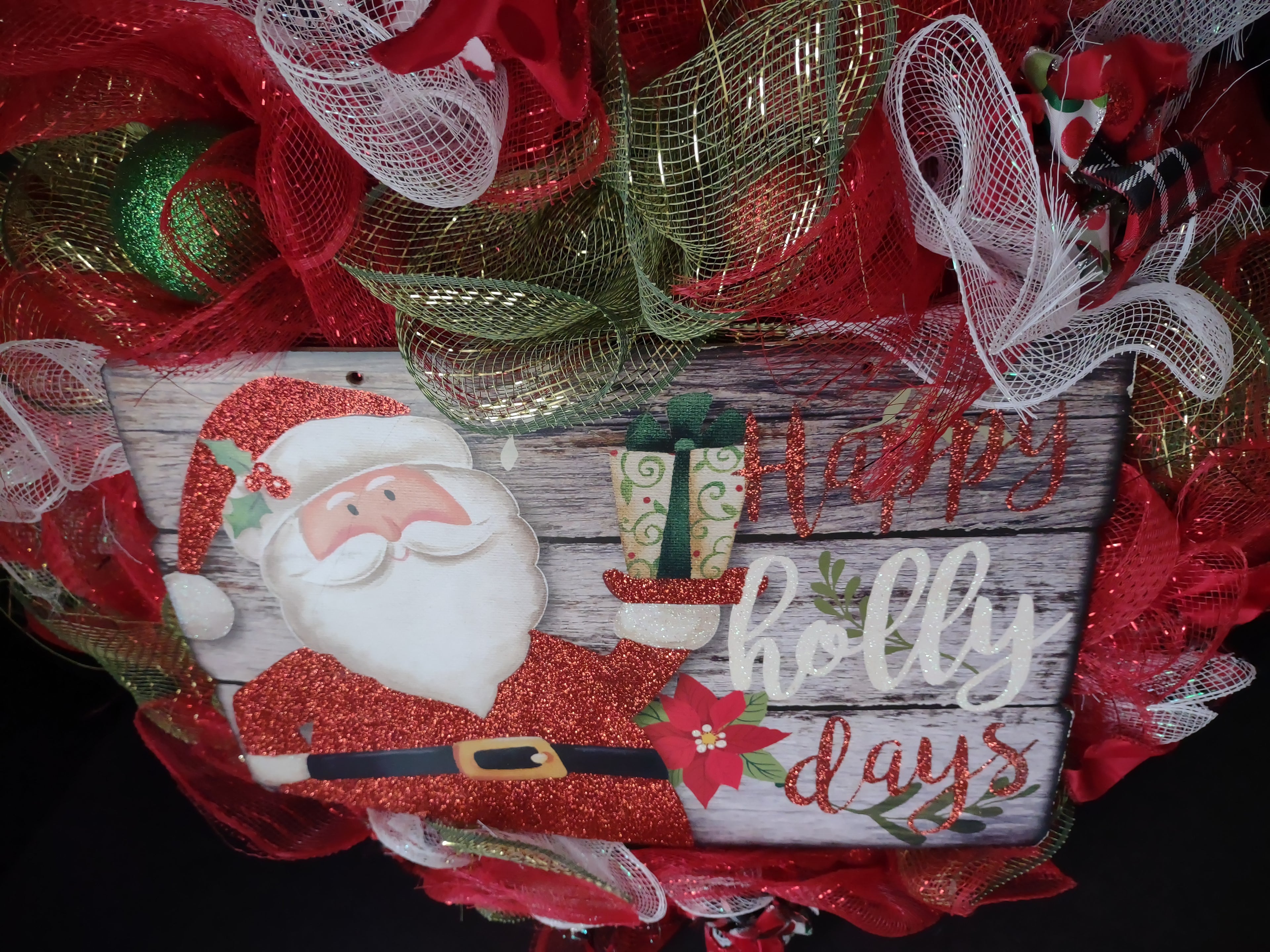 Christmas Happy Holly Days Mesh Ribbon Wreath Handmade 22" (lot 1399)
