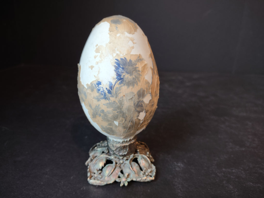 Vintage 4" Easter Egg on Metal Foot Blue Flower Design (lot 5343)