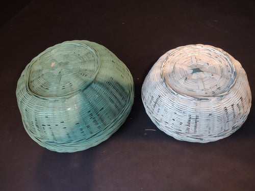 2 x Vintage Wicker Basket Painted Turquoise White Lids Rustic Primitive (1146)
