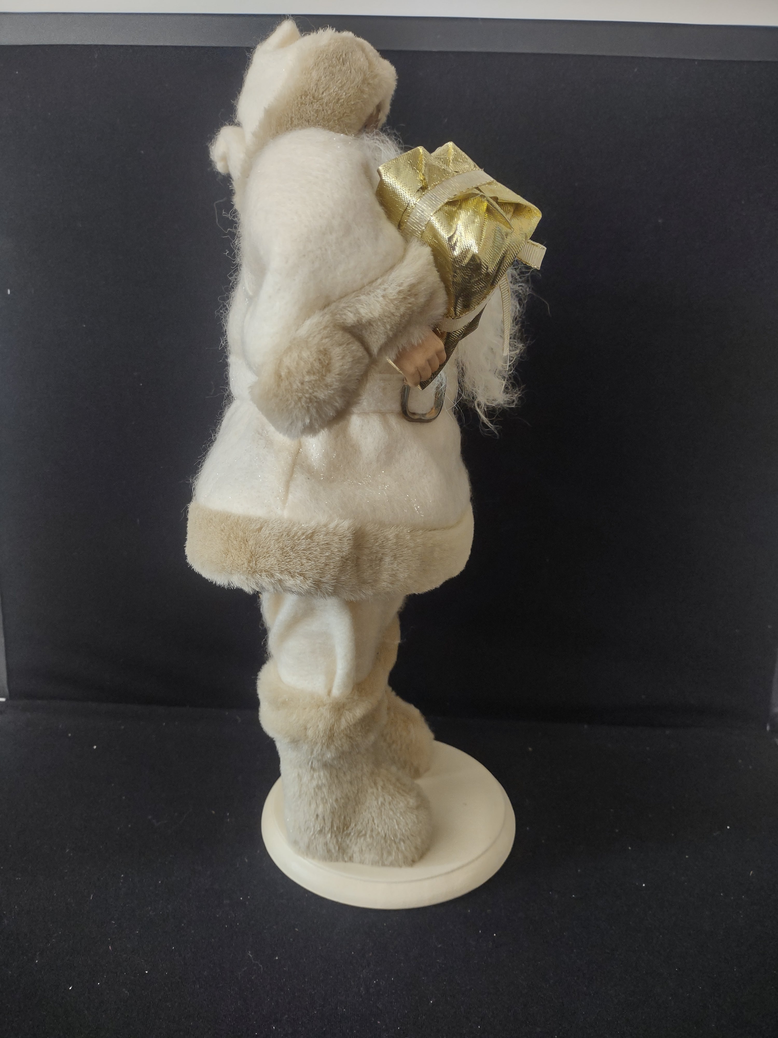 Vintage Christmas Beige Gold Plush Standing Santa Wooden Base (Lot 3593)