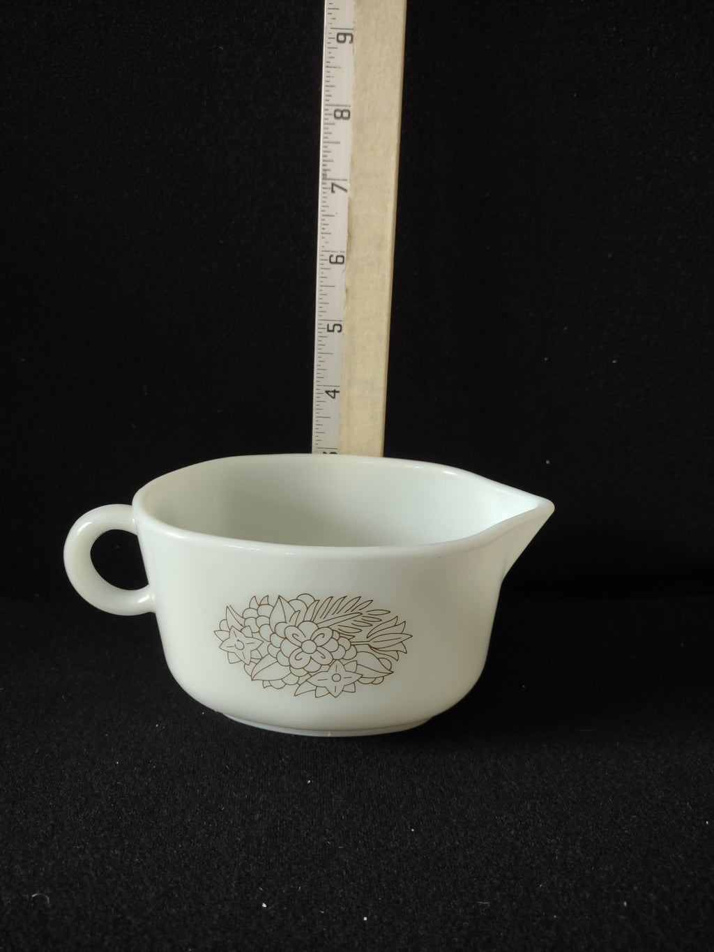 Vintage Milk Glass Pyrex Gravy Boat Woodland Brown Flowers (Lot 5242)