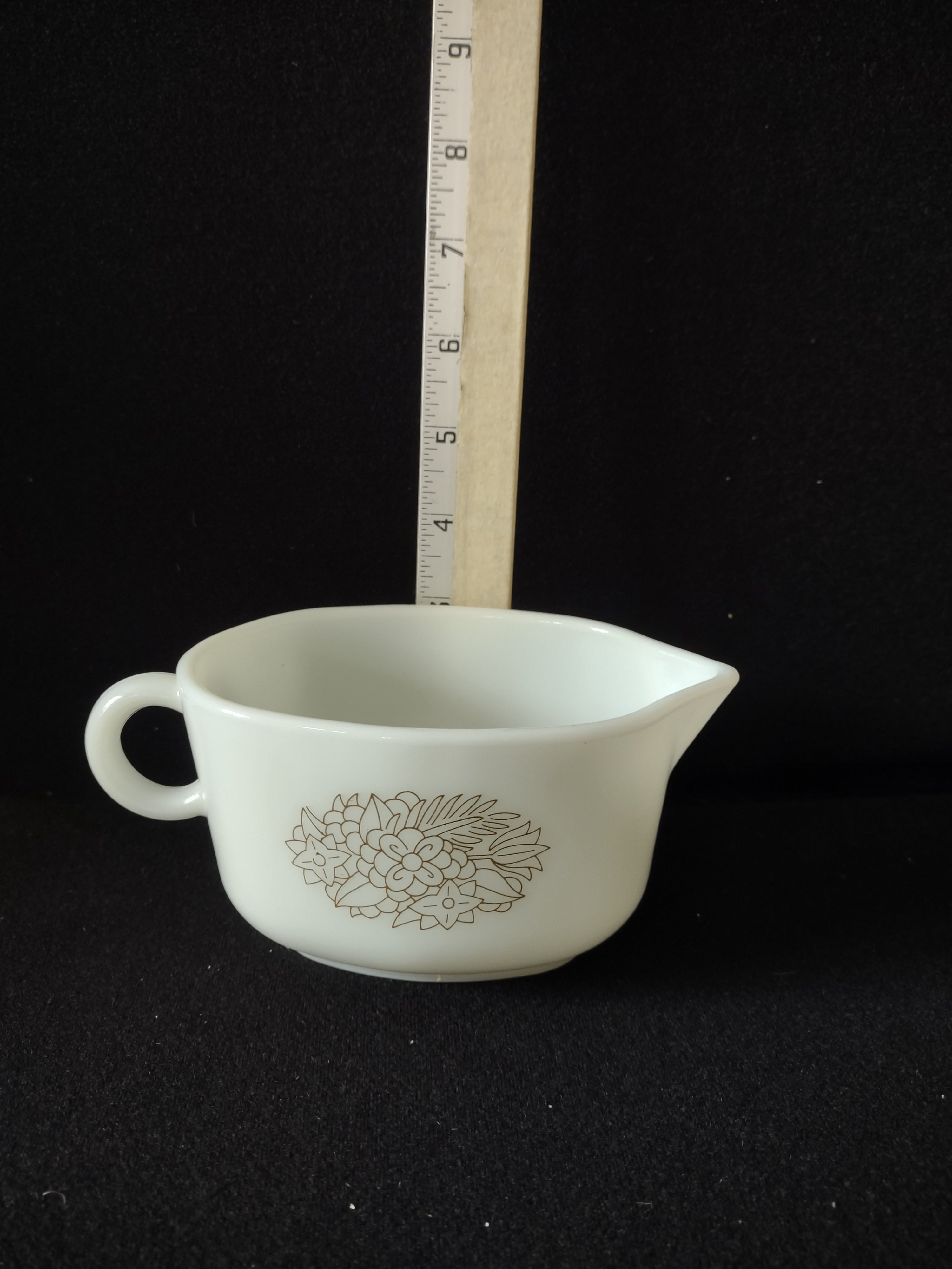 Vintage Milk Glass Pyrex Gravy Boat Woodland Brown Flowers (Lot 5242)