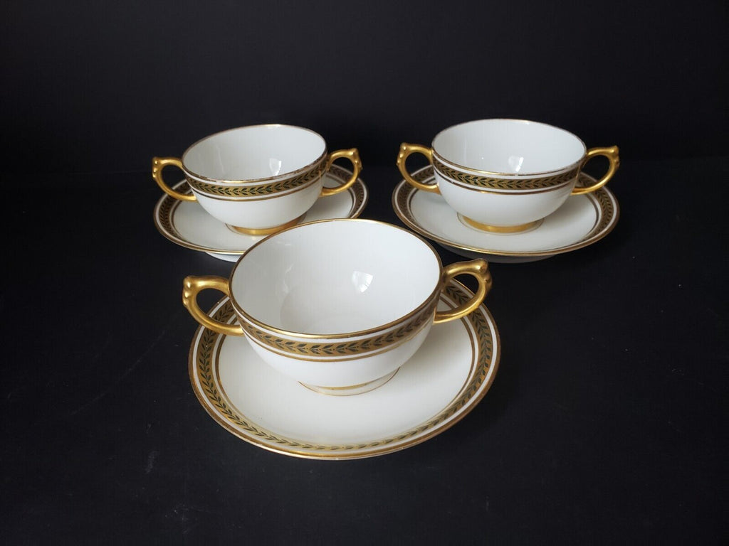 JP Limoges France Gold Trim Green Laurel 3 x Bouillion Cup & Saucer (lot 597)