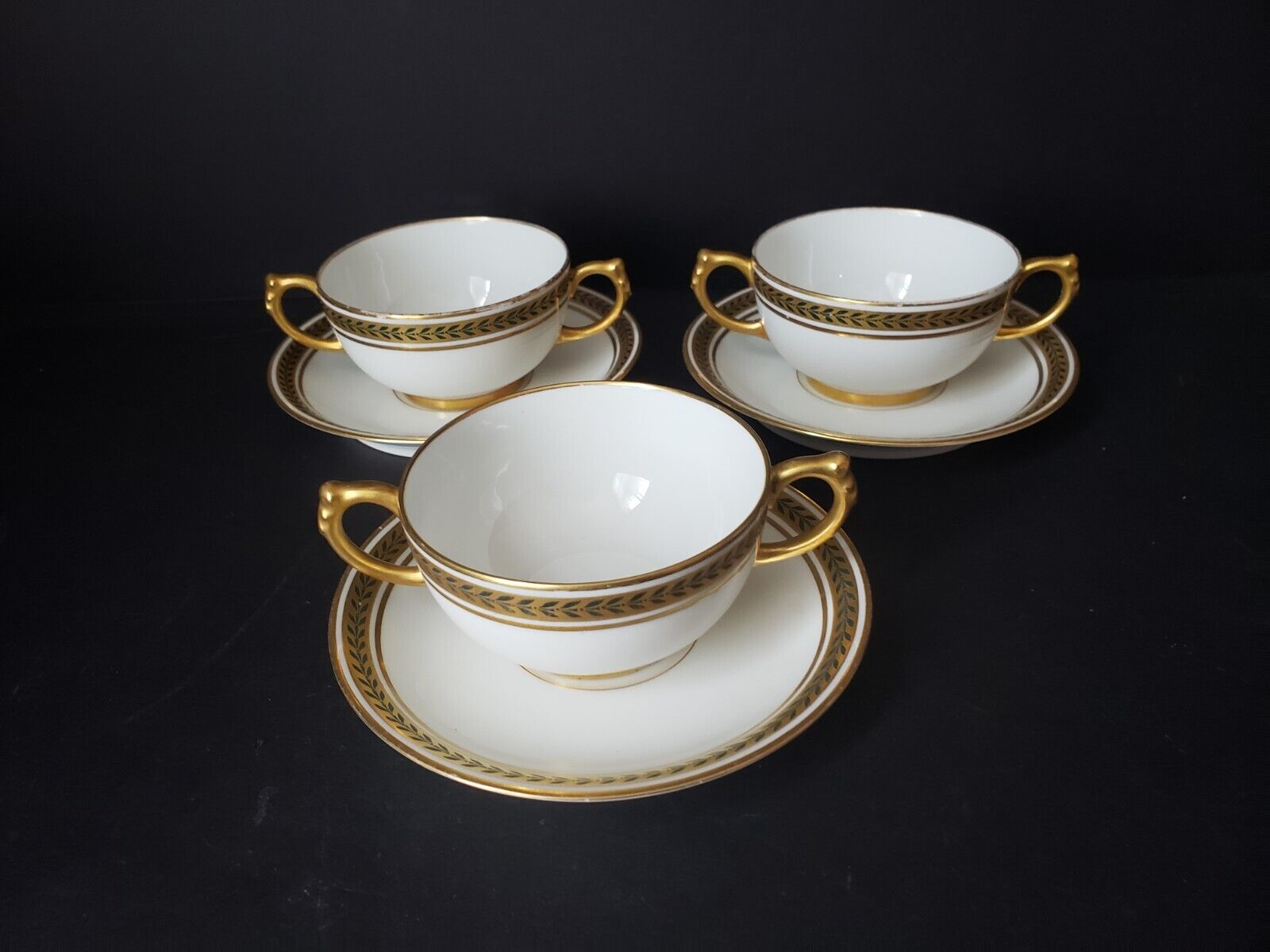 JP Limoges France Gold Trim Green Laurel 3 x Bouillion Cup & Saucer (lot 597)