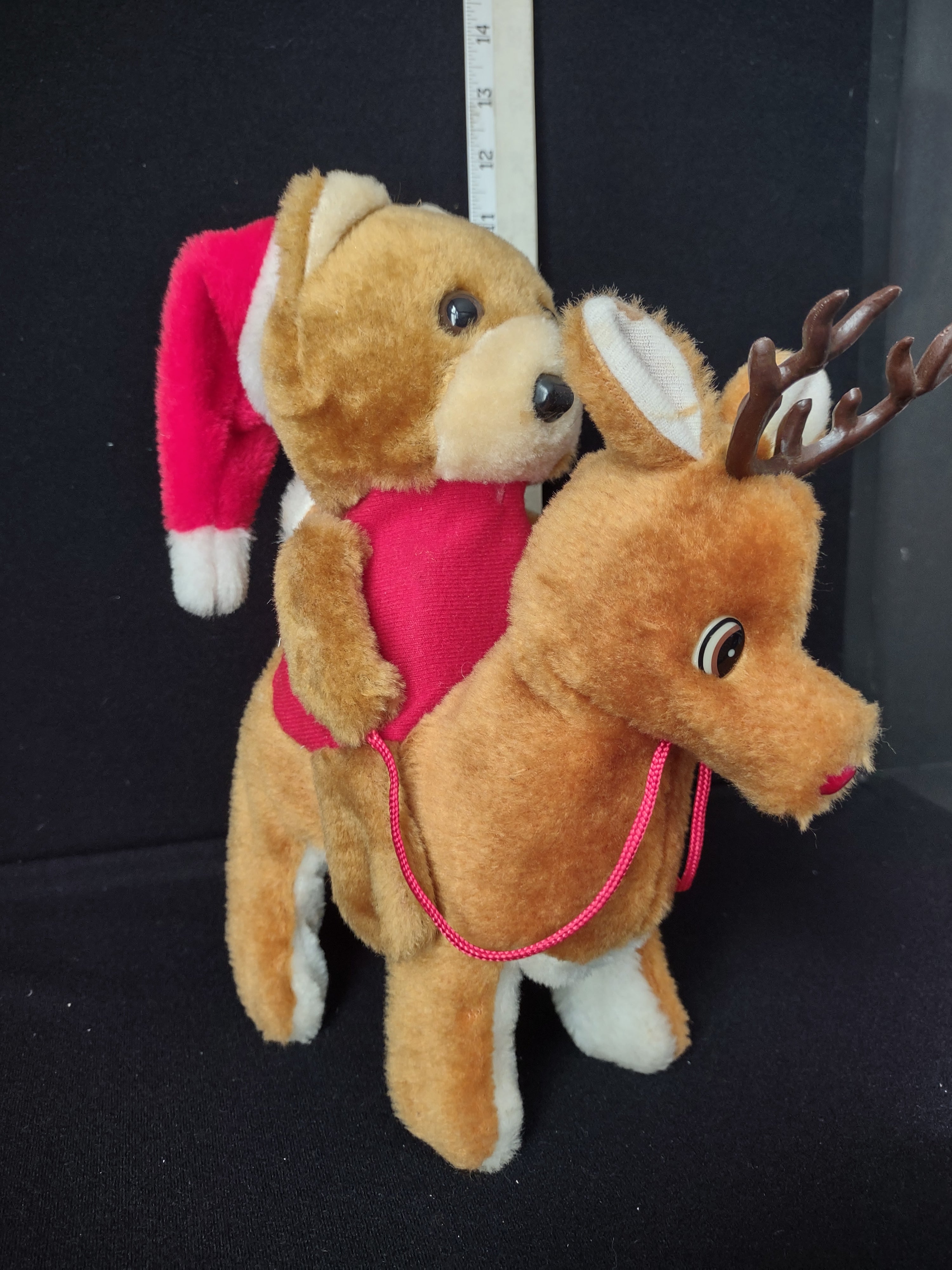 Vintage Christmas Plush Musical Teddy Bear Riding Reindeer Nose Lights Up (lot 2349)