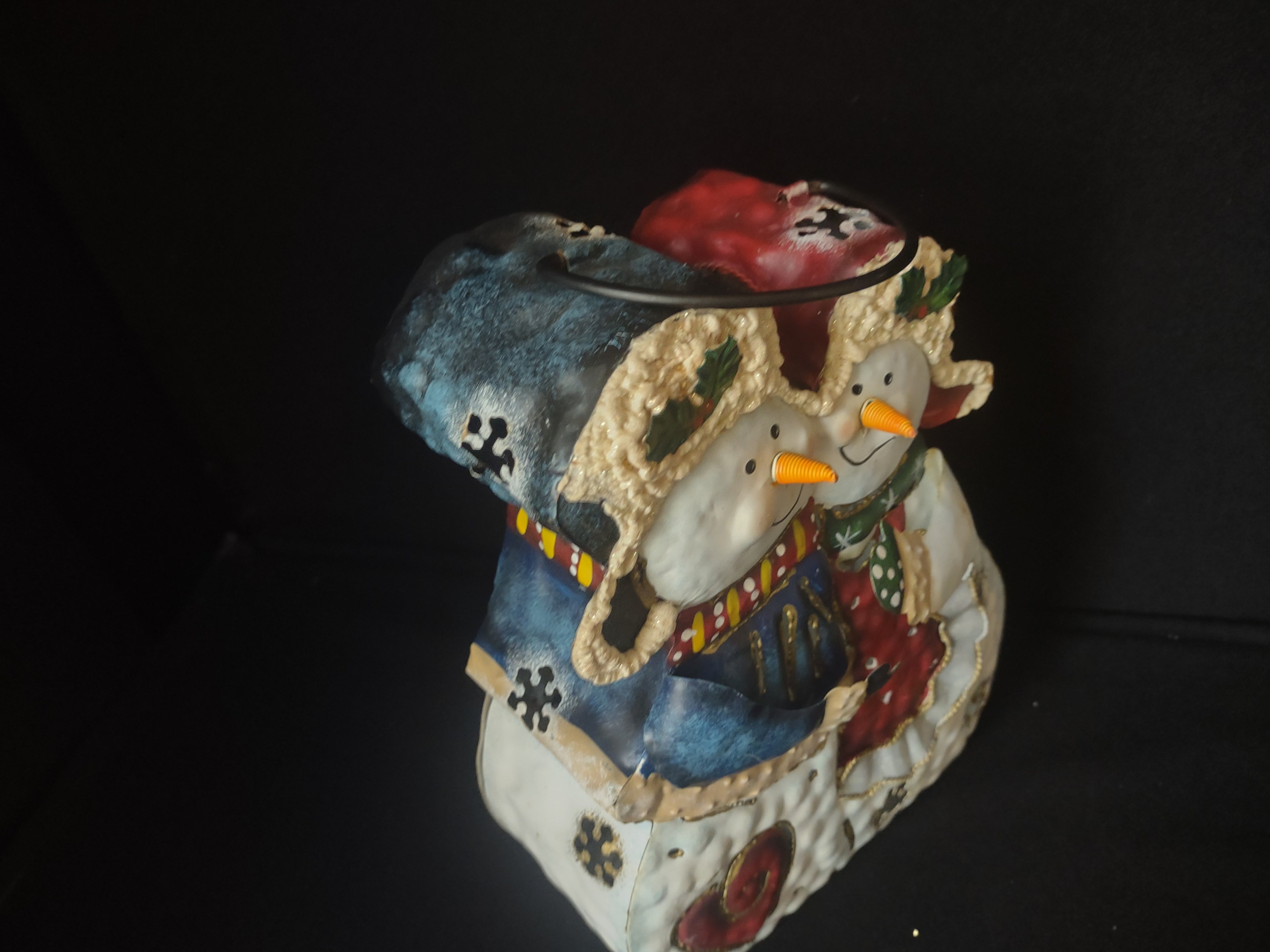 Christmas Holiday Candle Light Holder Snowman Hugging Metal 11" (lot 1714)