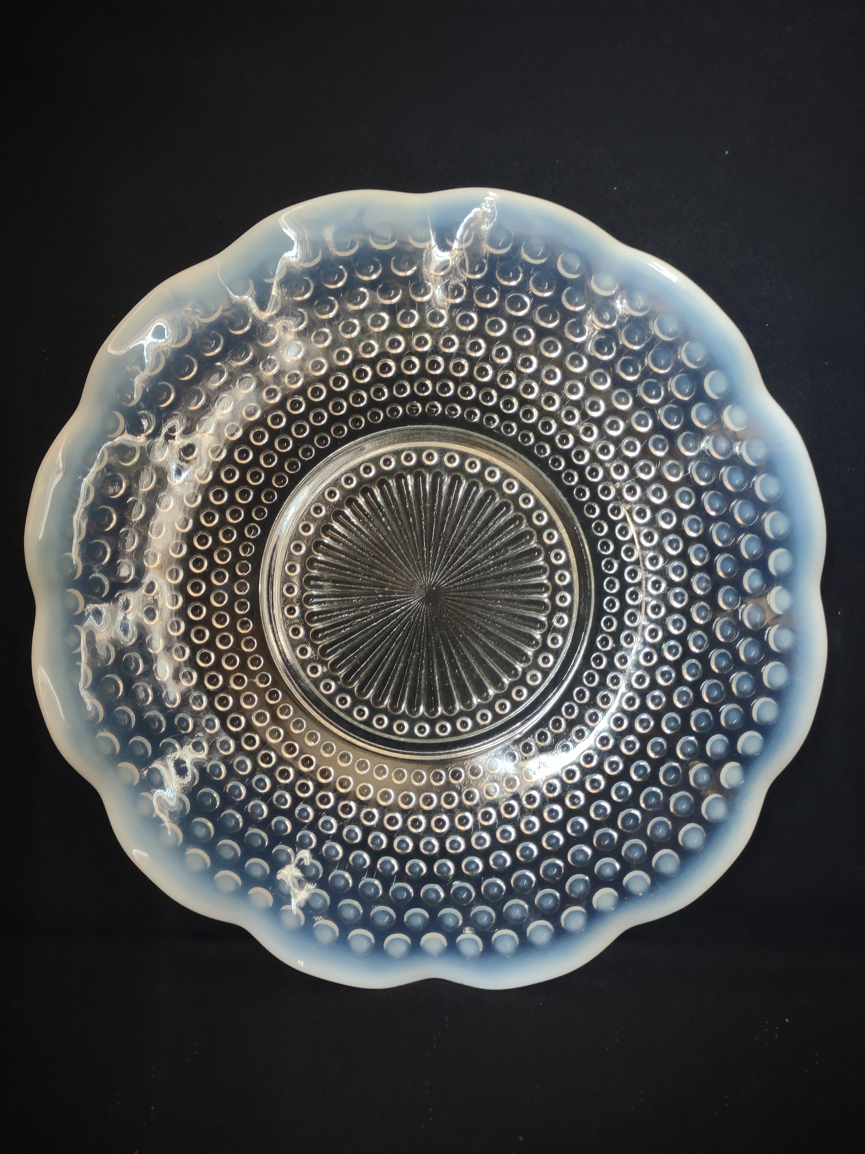 Vintage Anchor Hocking Moonstone Hobnail Ruffled Serving Plate 10-1/2" (lot 2687c)