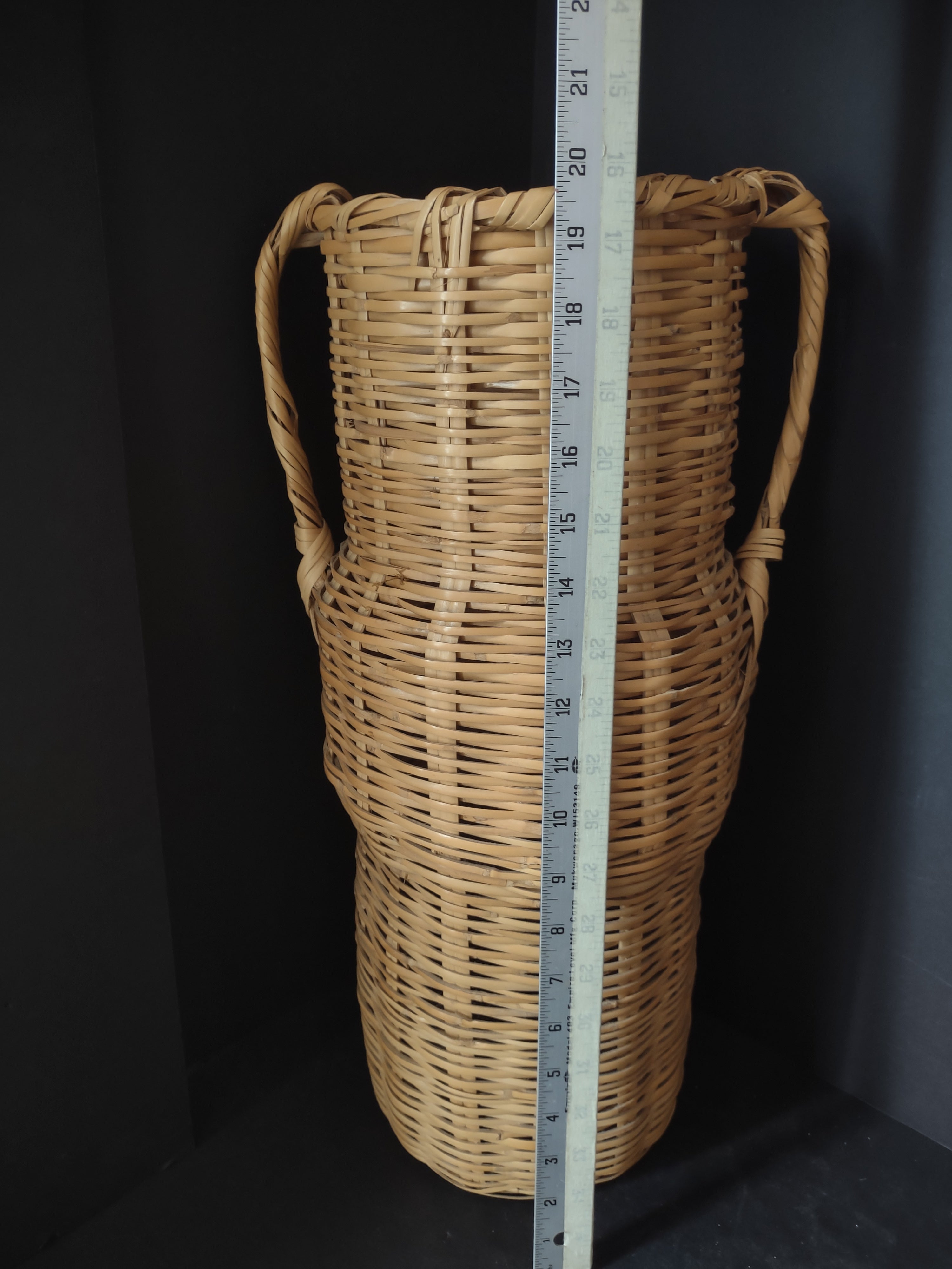 Vintage Wicker Rattan Vase Basket Boho MCM Chic Two Handles Woven 20"(lot 3118)