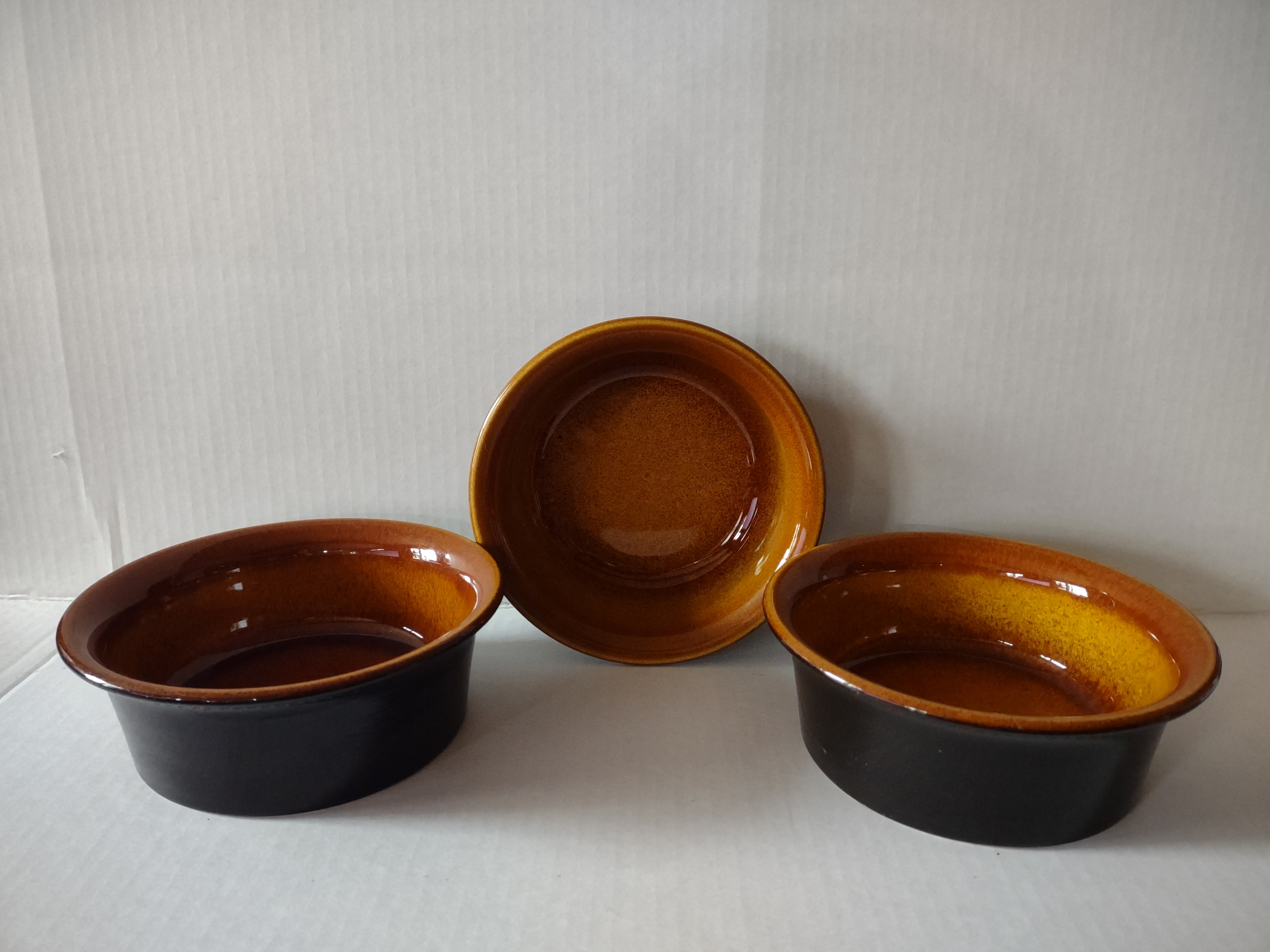 Vintage MCM Ironstone Amber Octagon Soup Bowl x 3 USA Oven Proof (lot 5007)