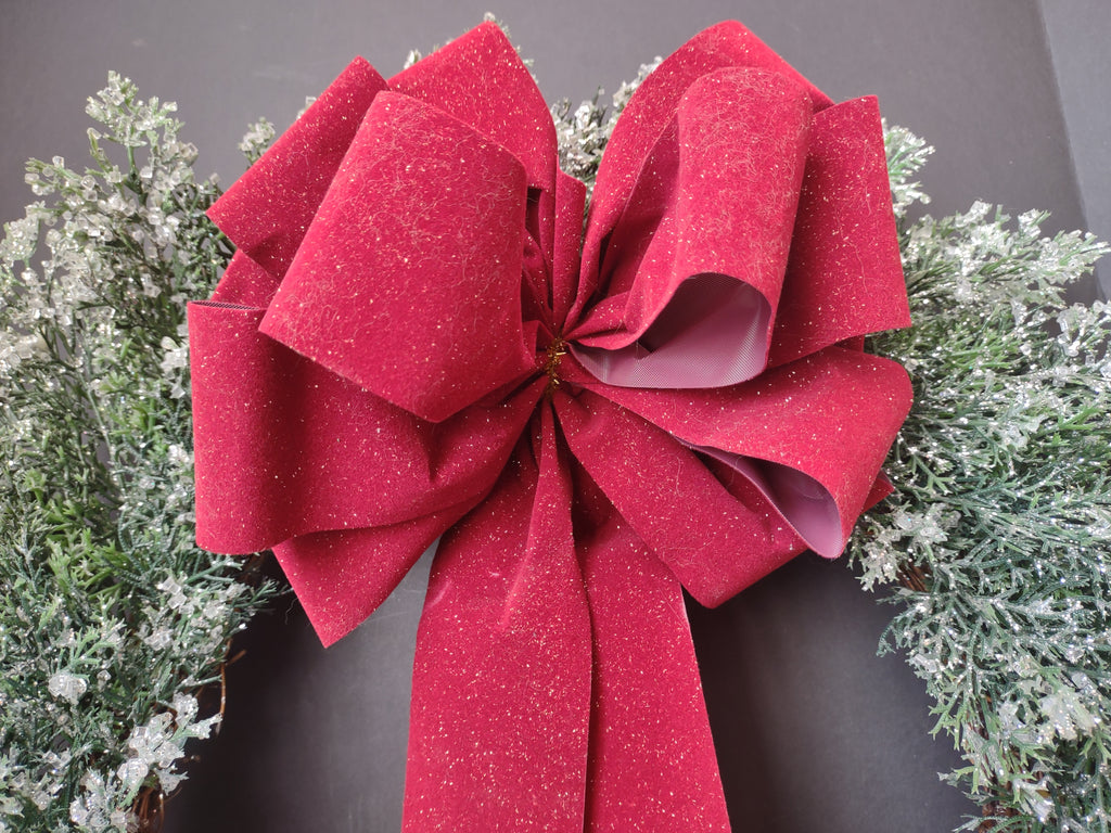 Vintage Christmas Iced Glitter Sparkly Front Door Wreath Red Bow 20" (lot 1176)