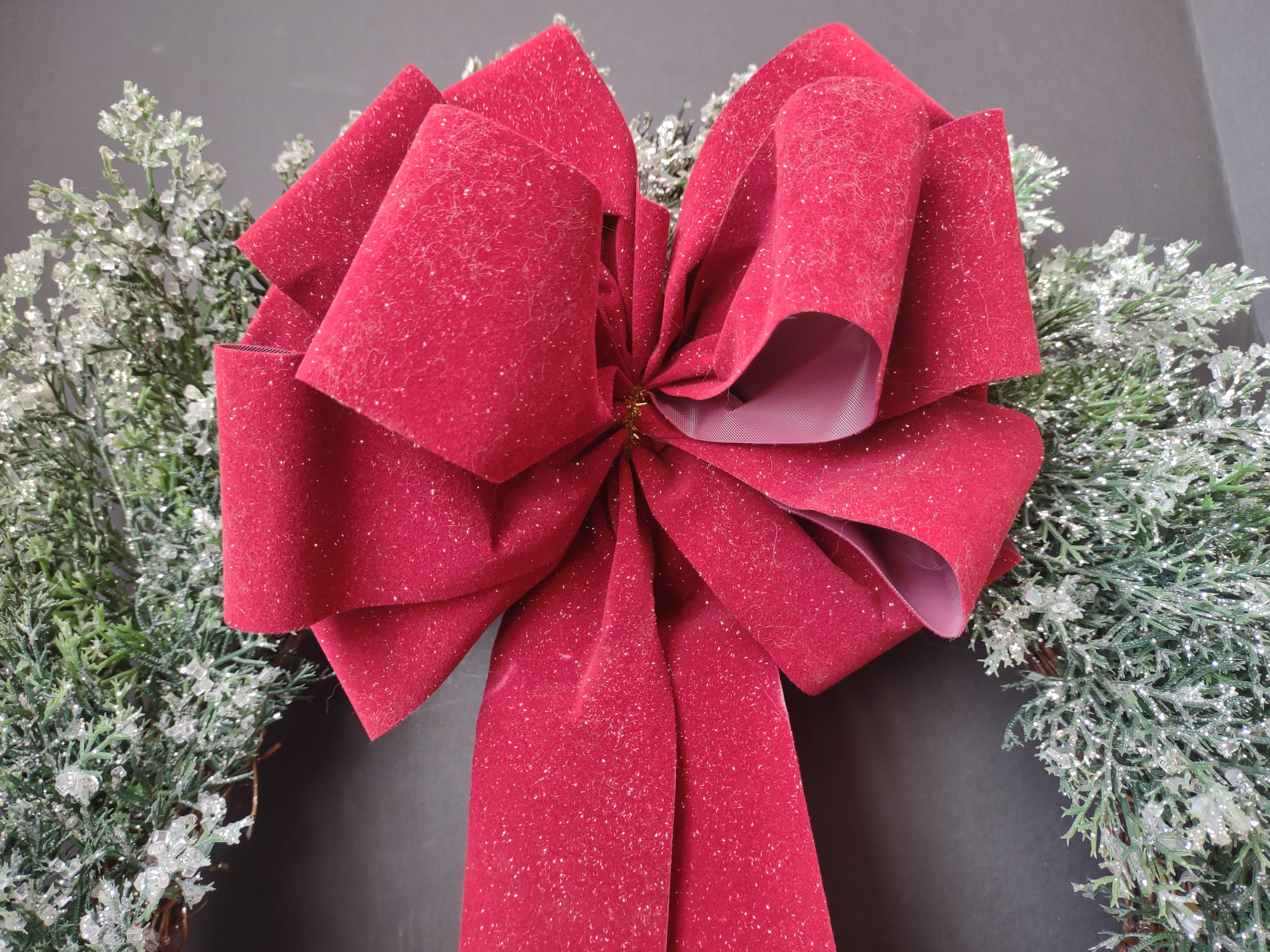 Vintage Christmas Iced Glitter Sparkly Front Door Wreath Red Bow 20" (lot 1176)