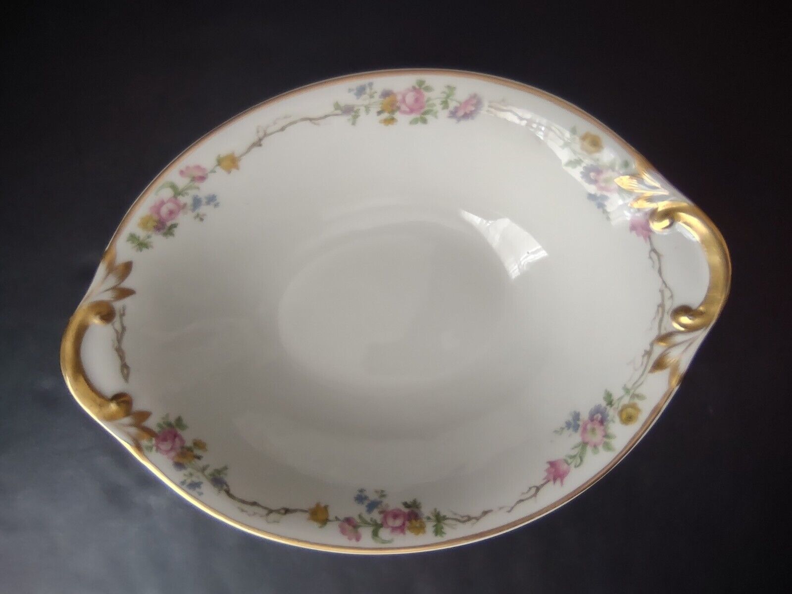 Vintage GDA Limoges Gold Trim Oval Serving Bowl Summer Flower Garland (lot 688)