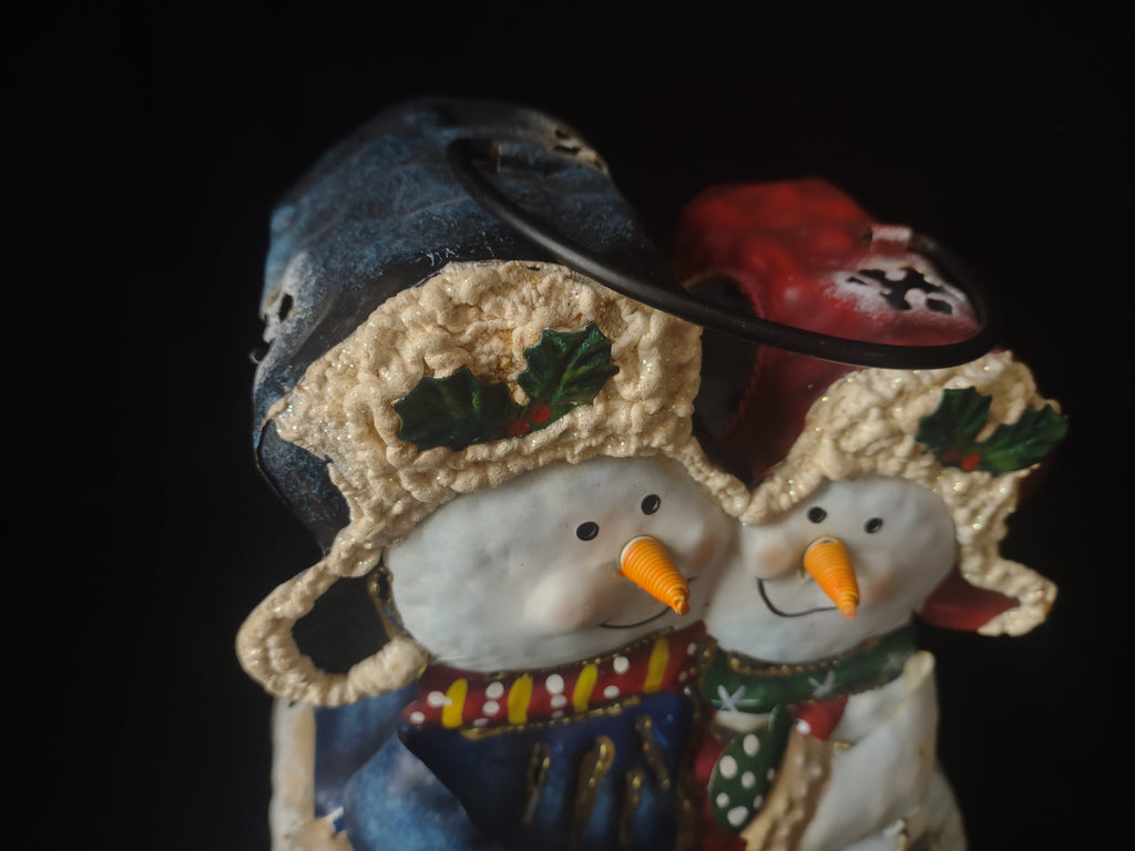 Christmas Holiday Candle Light Holder Snowman Hugging Metal 11" (lot 1714)