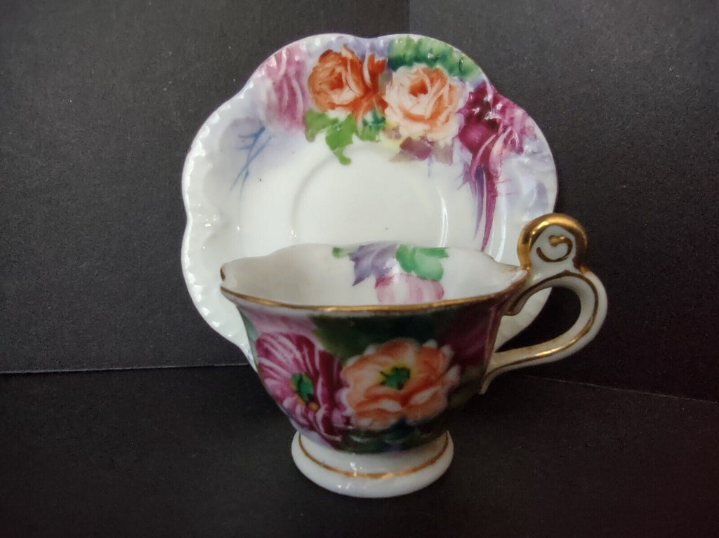 Japan Miniature 1-3/8" Teacup & Saucer Pink Orange Purple Rose (lot 726)