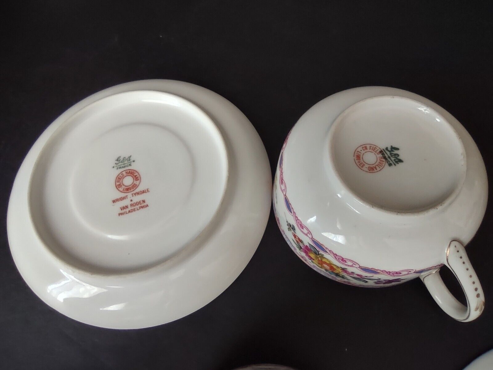 GDA Limoges France Wright Tyndale Van Roden 4 x Teacup & Saucer Pink (lot 739)