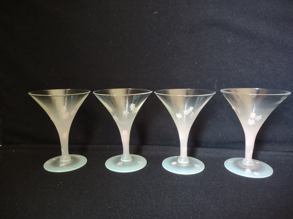 Set of 4 Vintage MCM Frosted Martini Glass Pink Flower Handpainted (lot 2740)