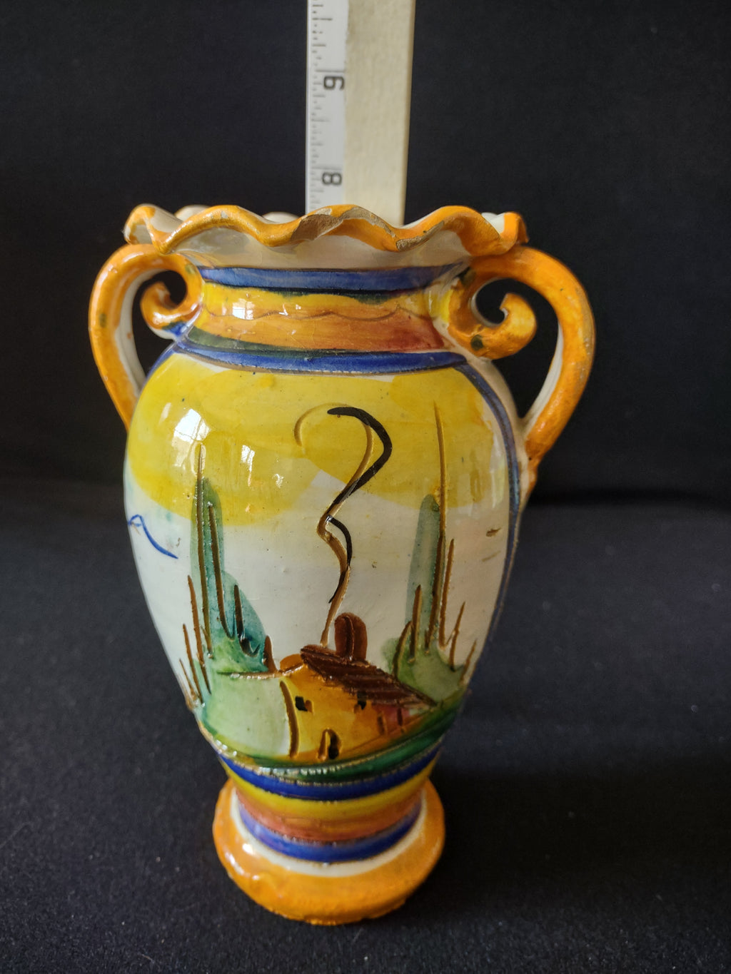 Vintage Ceramic Italy Small 8" Vase Floral Village House (lot 5289)