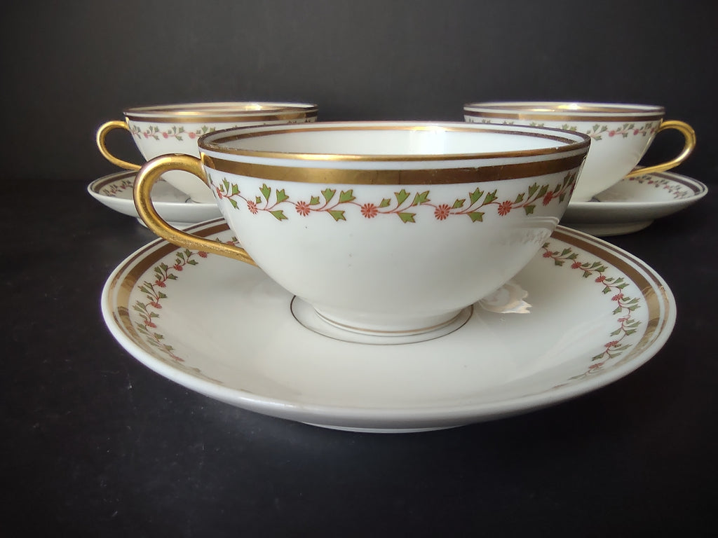Old Abbey France Limoges 3 x Tea Cup & Saucer Clover Gold Trim (lot 865)