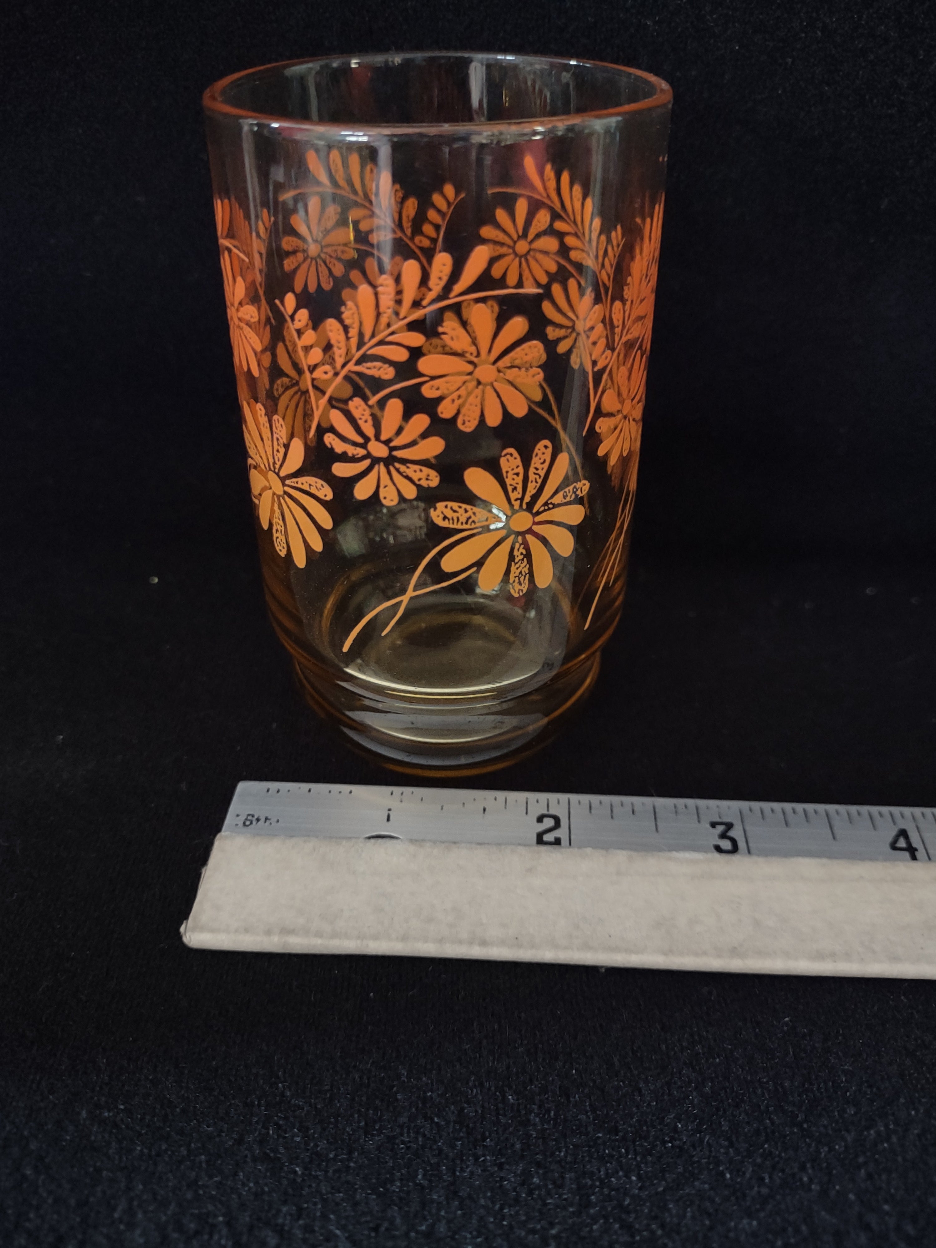Vintage MCM Libbey Amber Glass Orange Daisy Juice Glass Set Of 3 (Lot 5144)