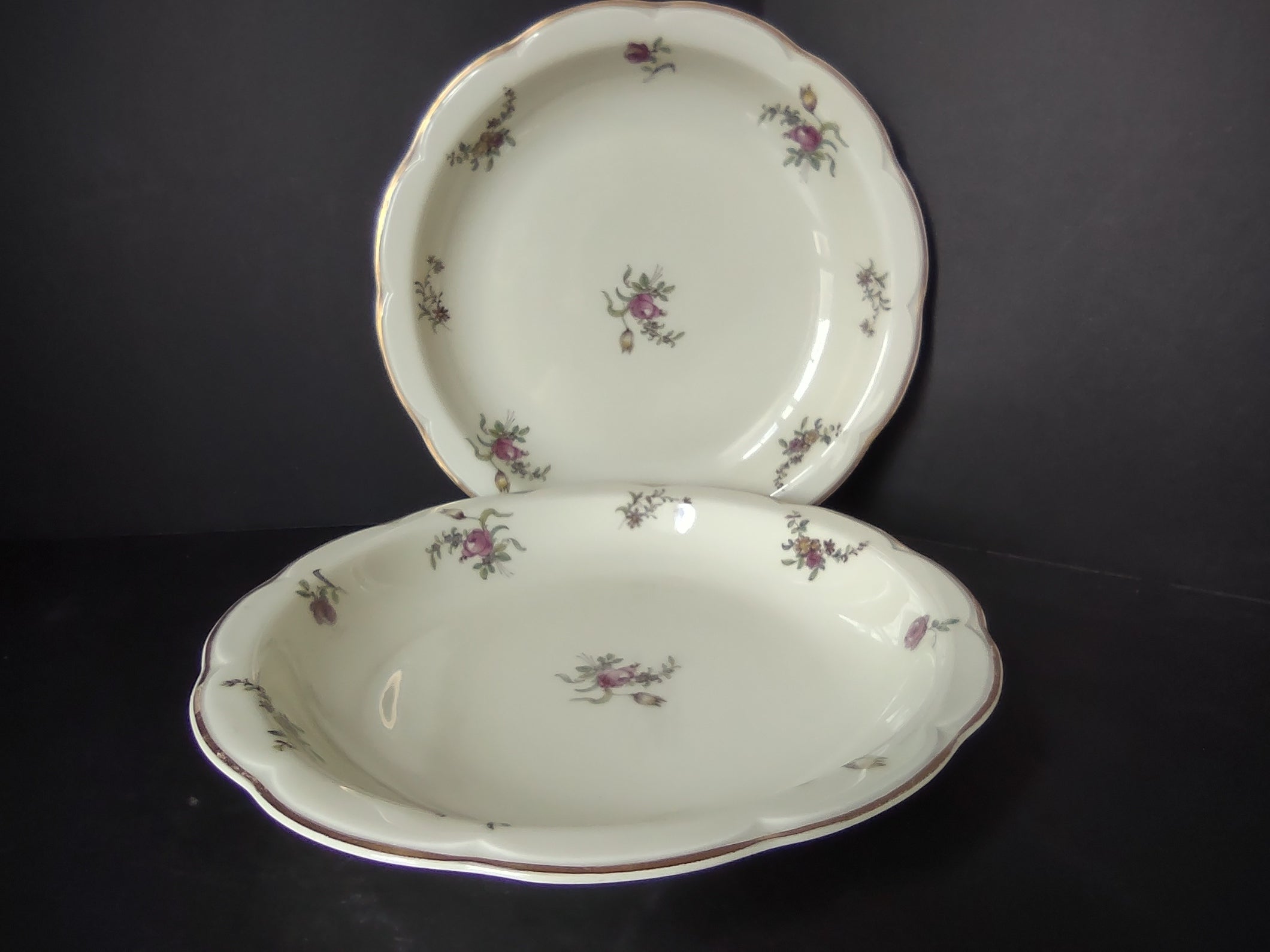 Haviland Limoges 2 x Cream Soup Spaghetti Bowl Peony Flower Cream Color (lot 925)