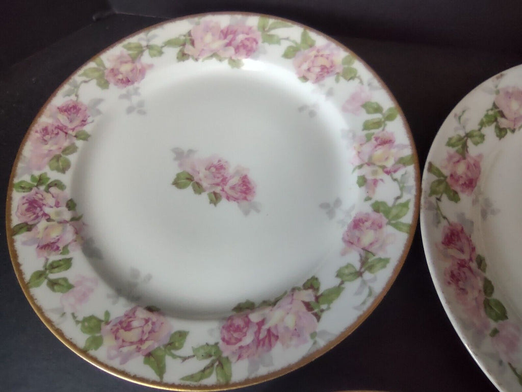 5 x PL Redon Limoges France Large Rose Dessert Plate Gold Trim 7-3/8" (lot 489)