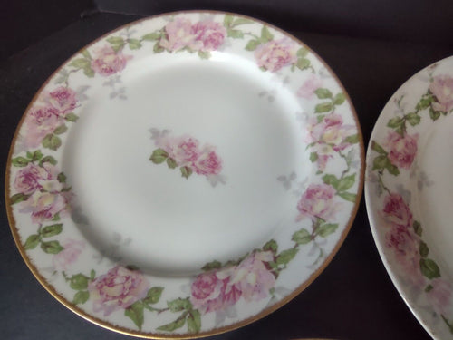 5 x PL Redon Limoges France Large Rose Dessert Plate Gold Trim 7-3/8" (lot 489)