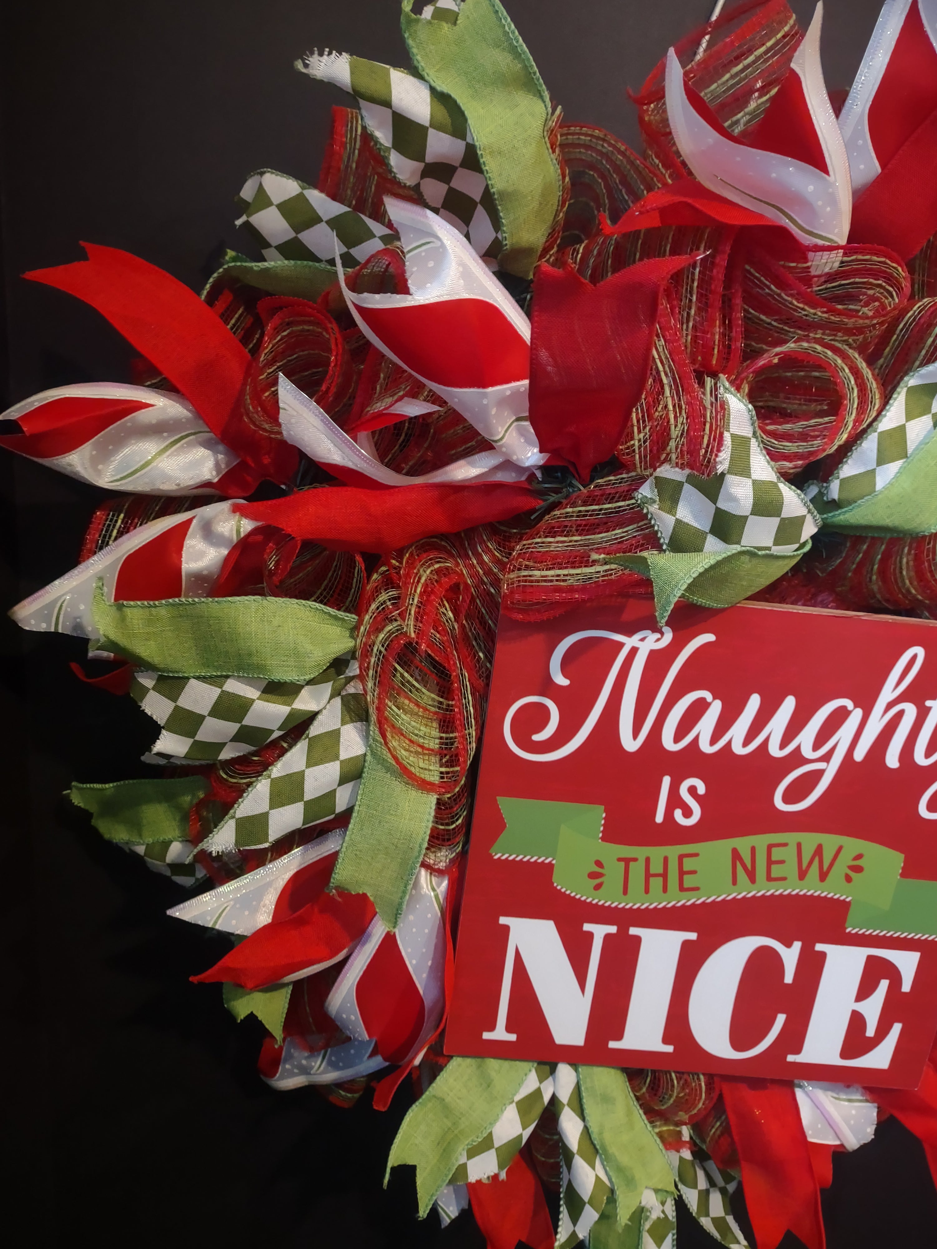 Christmas Naughty is New Nice Mesh Ribbon Wreath Handmade 22" (lot 1398)