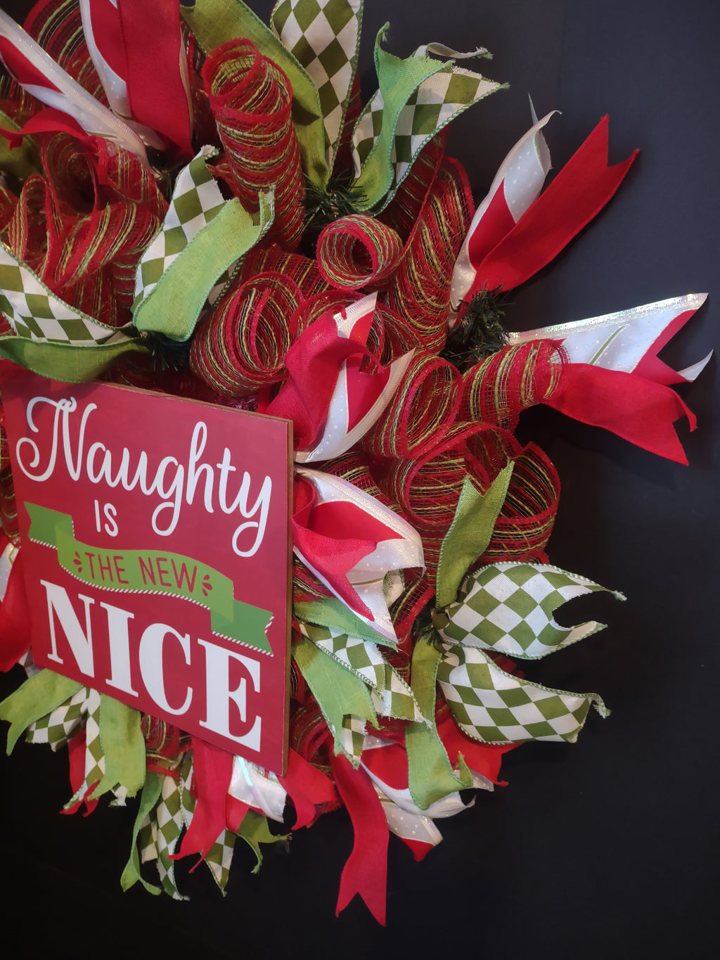 Christmas Naughty is New Nice Mesh Ribbon Wreath Handmade 22" (lot 1398)