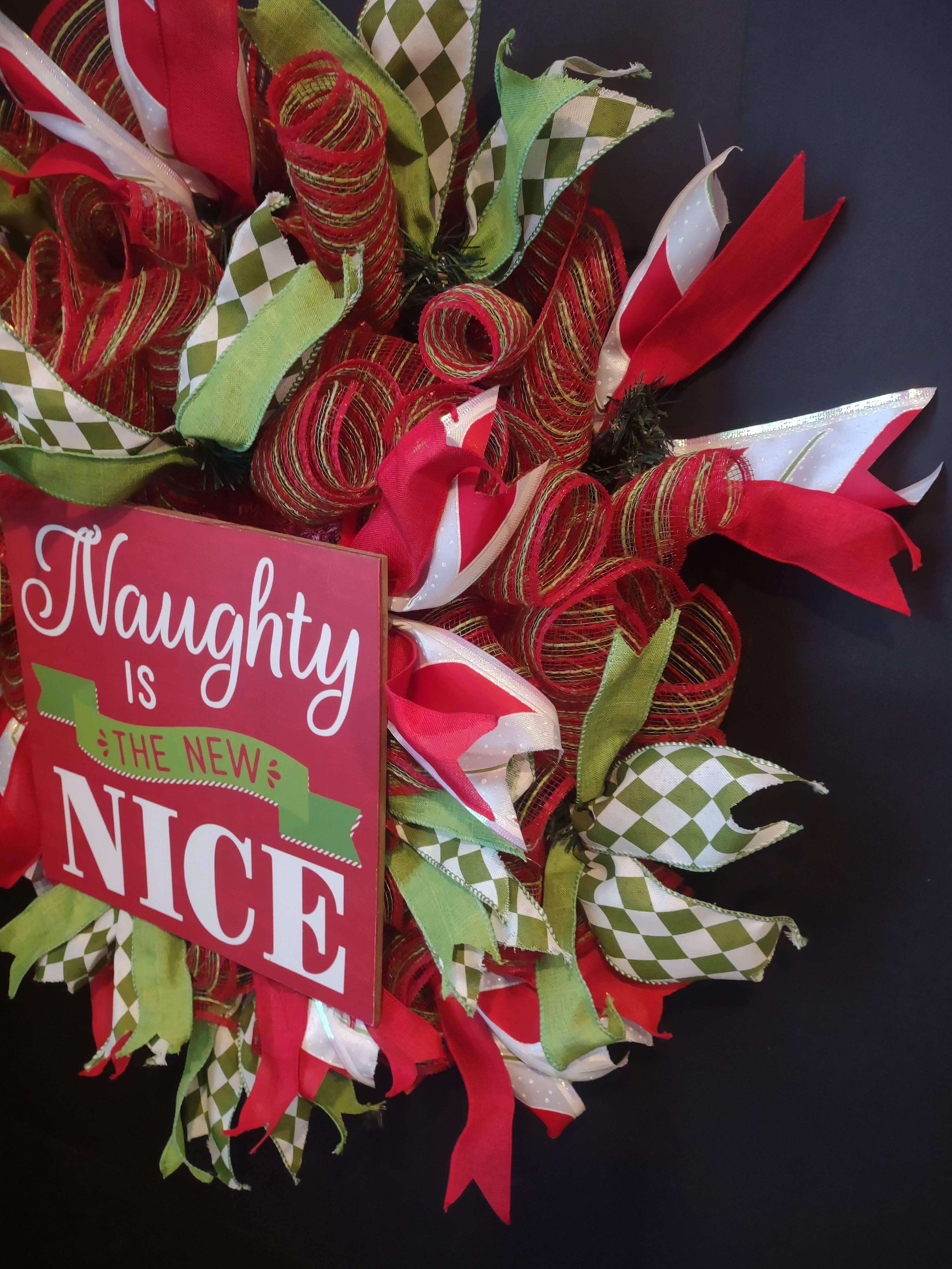 Christmas Naughty is New Nice Mesh Ribbon Wreath Handmade 22" (lot 1398)
