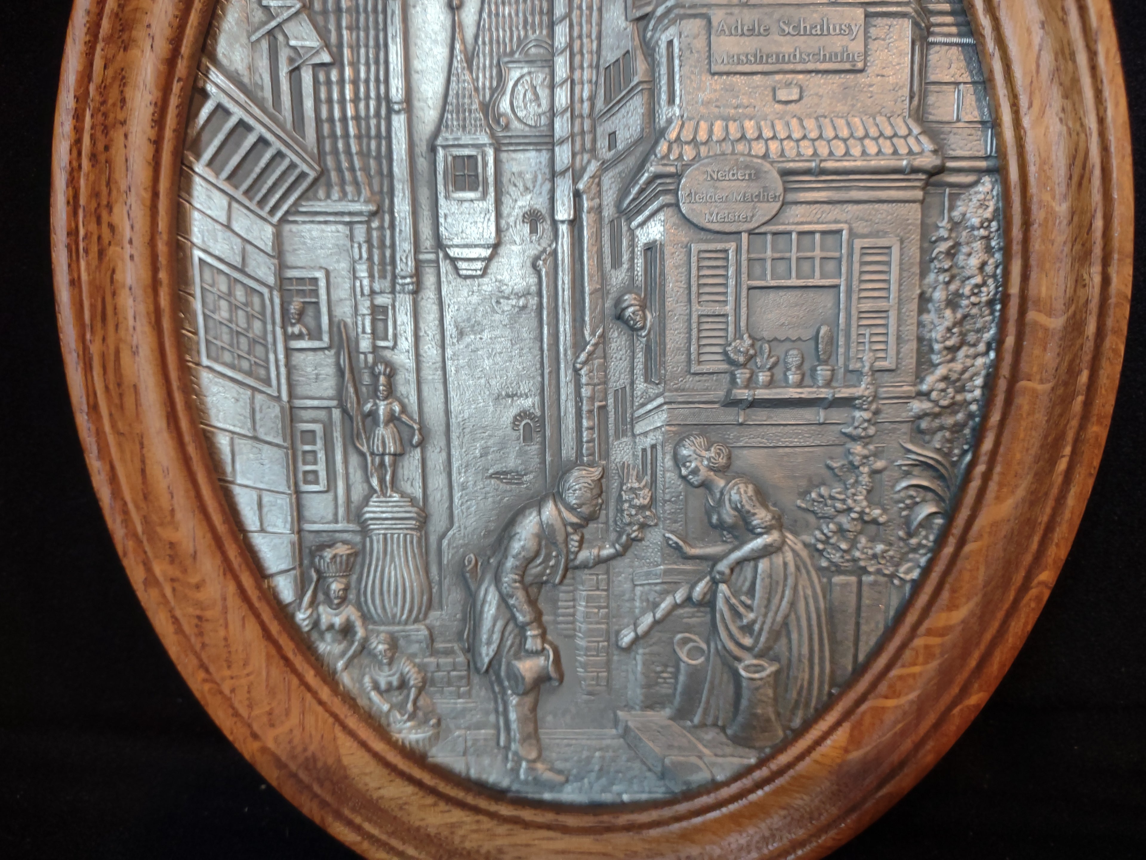 Vintage 3-D Scene German Town Frieling Zinn Pewter Wood Picture (lot 2658c)