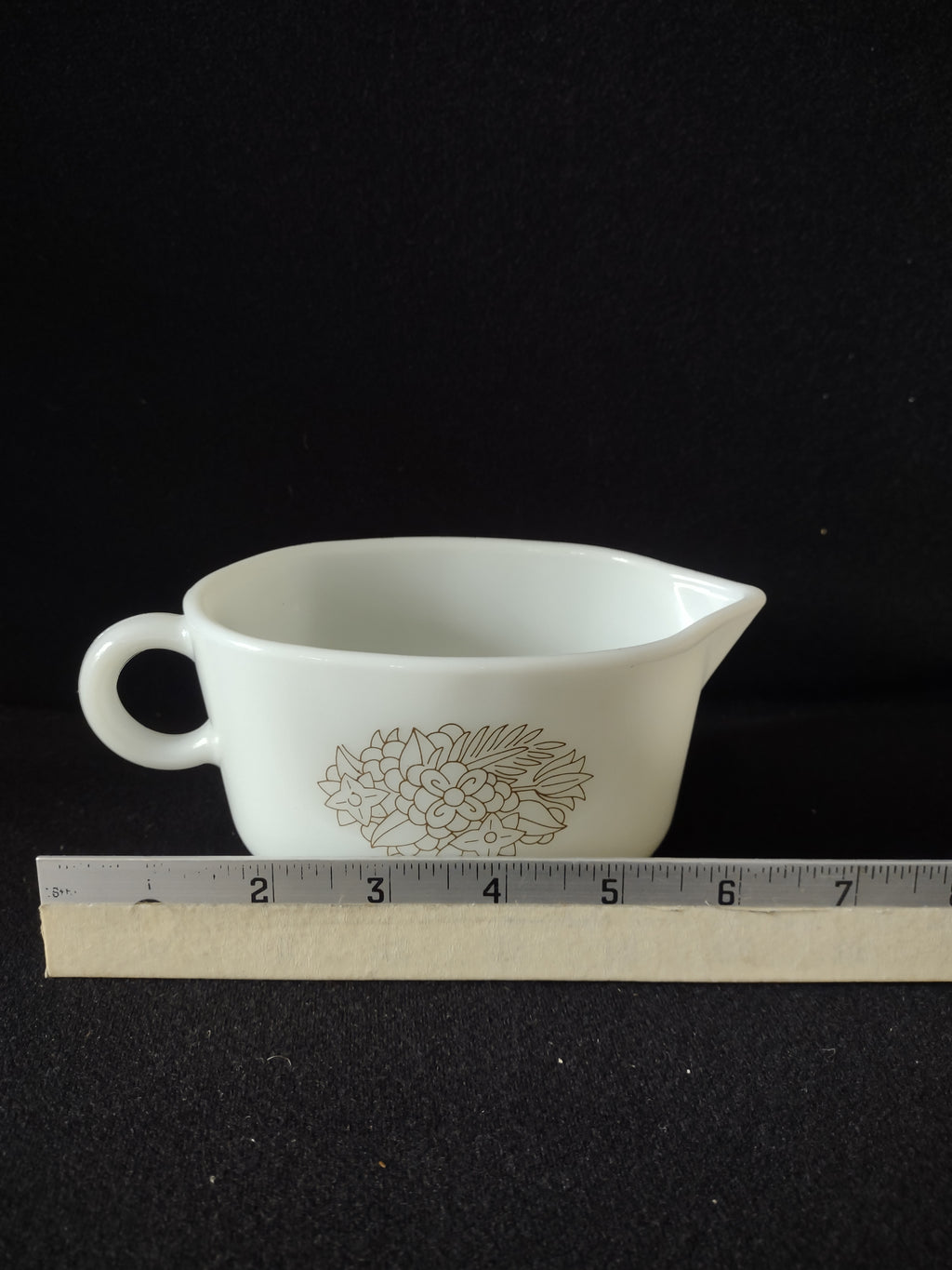 Vintage Milk Glass Pyrex Gravy Boat Woodland Brown Flowers (Lot 5242)